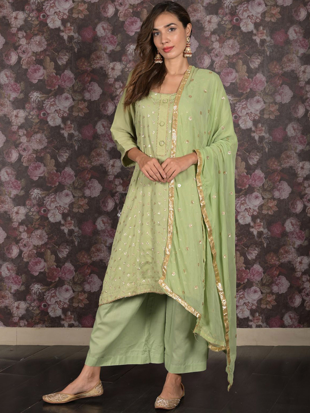 

ODETTE Embroidered Sequinned Pure Cotton Straight Kurta With Palazzos & Dupatta, Green