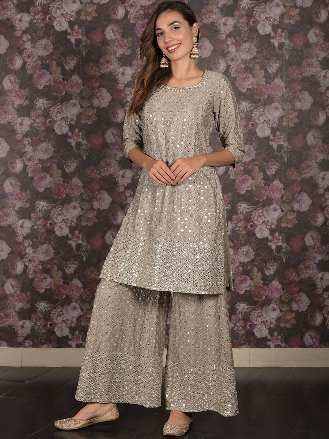 

ODETTE Round Neck Embroidered Regular Mirror Work Kurta with Palazzos, Grey