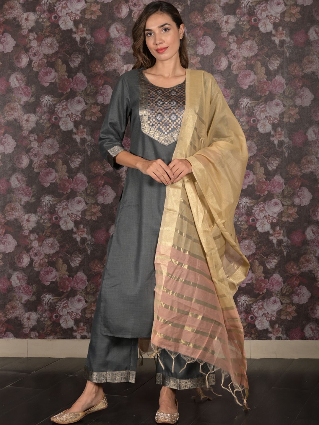 

ODETTE Geometric Yoke Design Zari Straight Kurta With Palazzos & Dupatta, Grey