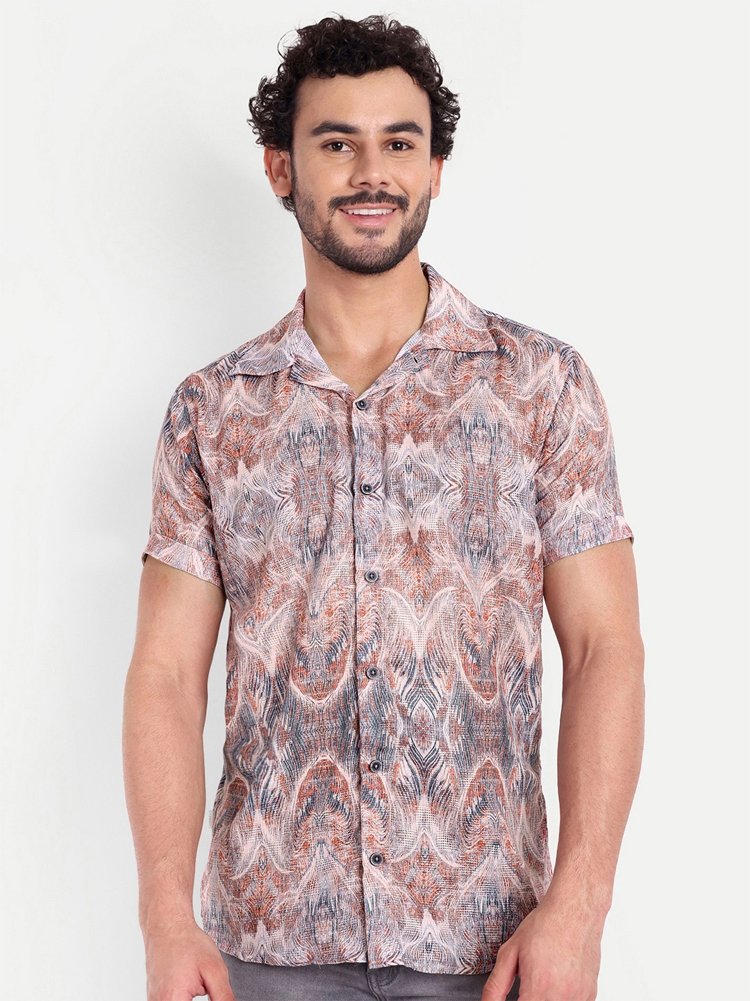 

FILO HEVIS Classic Abstract Printed Cotton Linen Cutaway Collar Casual Shirt, Peach