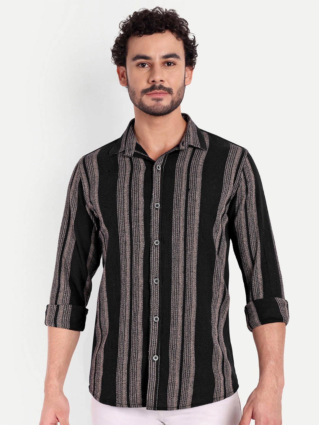 

FILO HEVIS Classic Vertical Stripes Cotton Linen Casual Shirt, Black