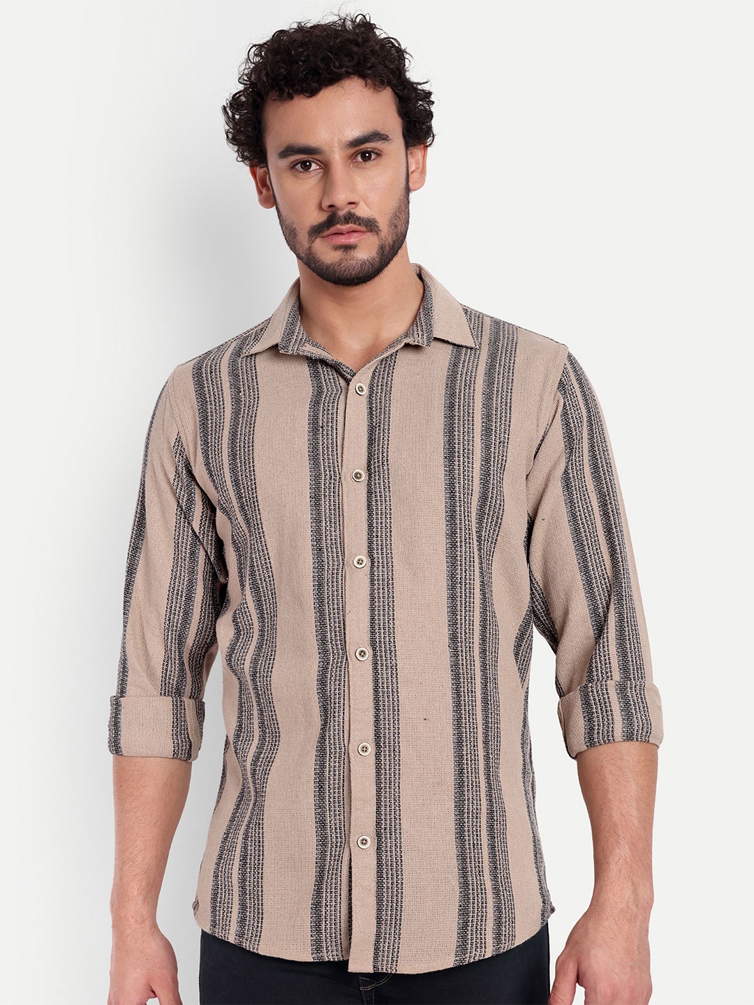 

FILO HEVIS Classic Striped Cotton Linen Casual Shirt, Cream