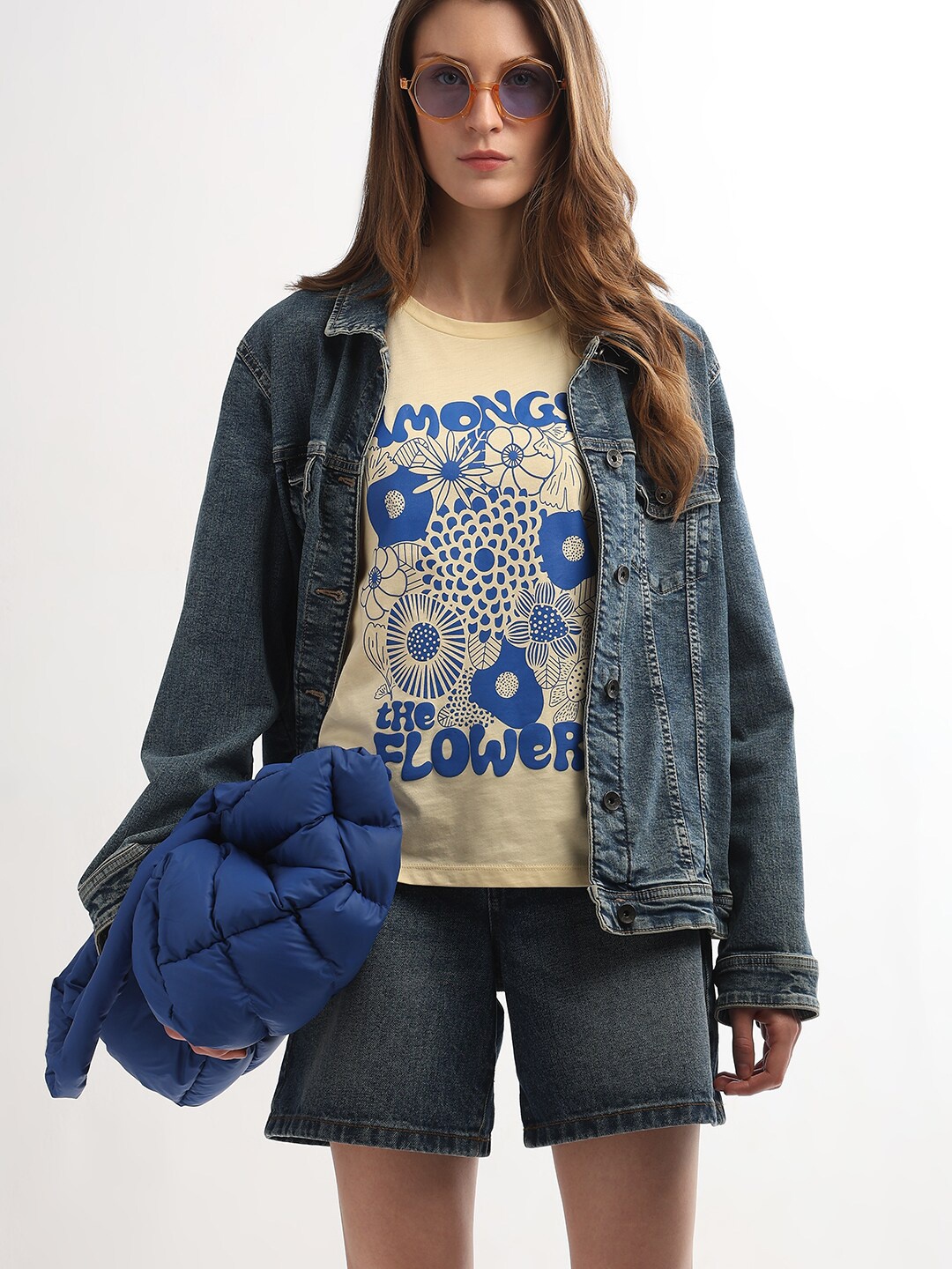 Vero Moda Typography Printed Round Neck Short Sleeves Pure Cotton T-shirt, Yellow