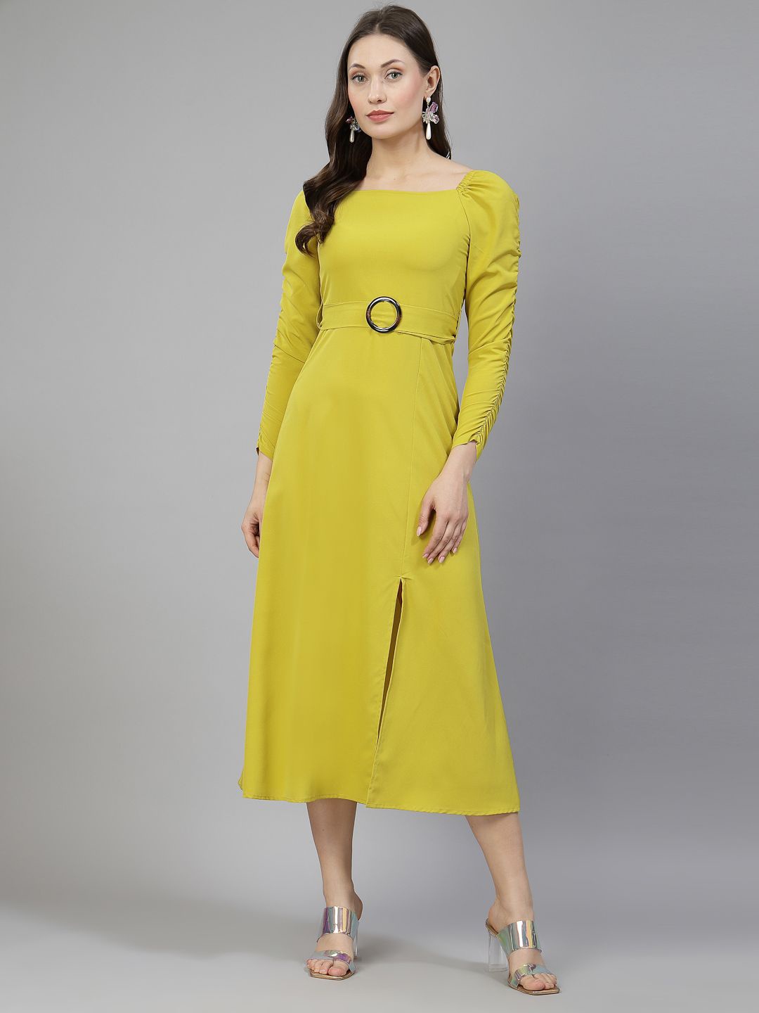 

aayu Square Neck Puff Sleeves Crepe A-Line Midi Dress, Lime green