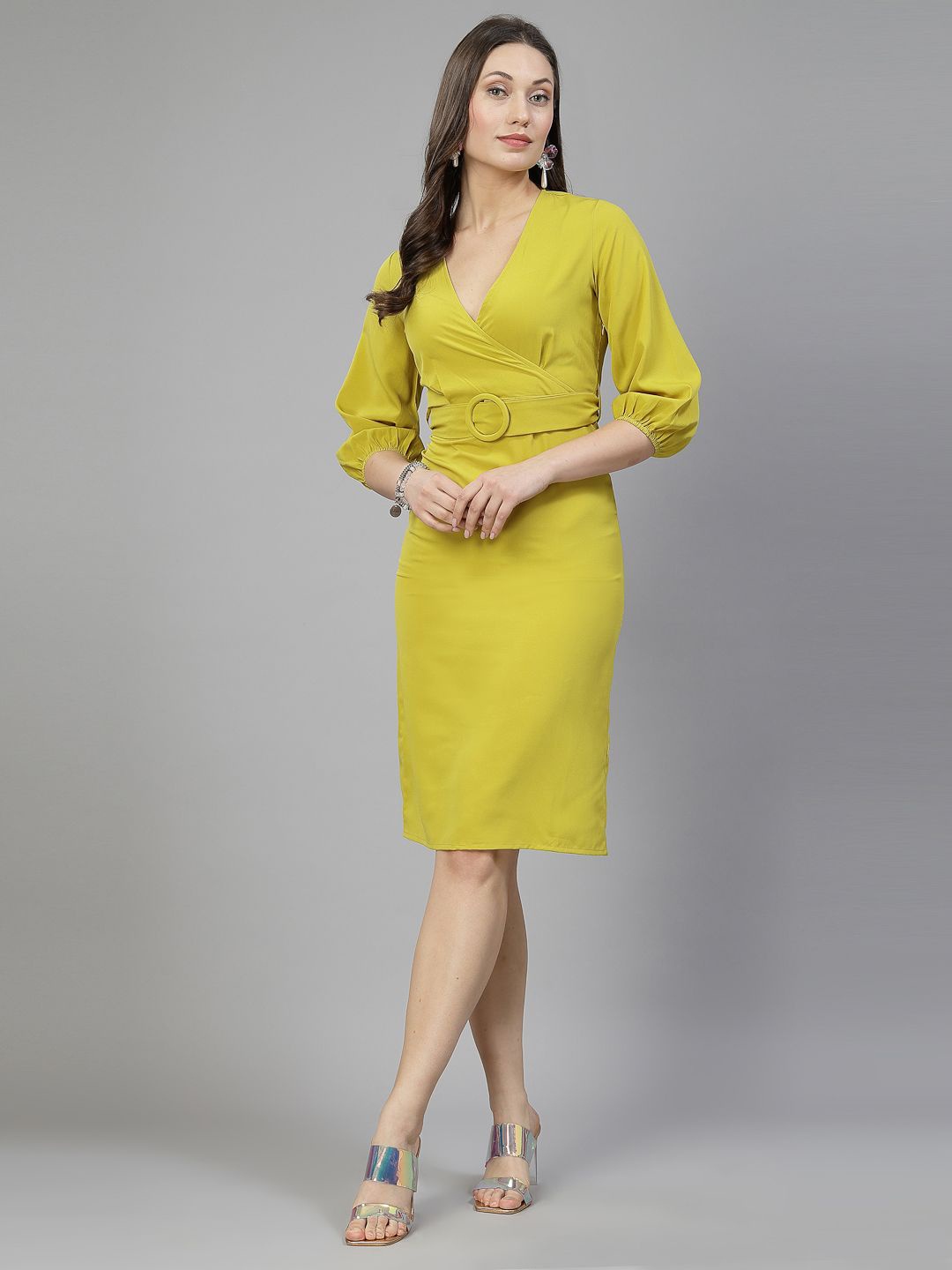 

aayu Crepe V-Neck Puff Sleeves Wrap Dress With A Belt, Yellow