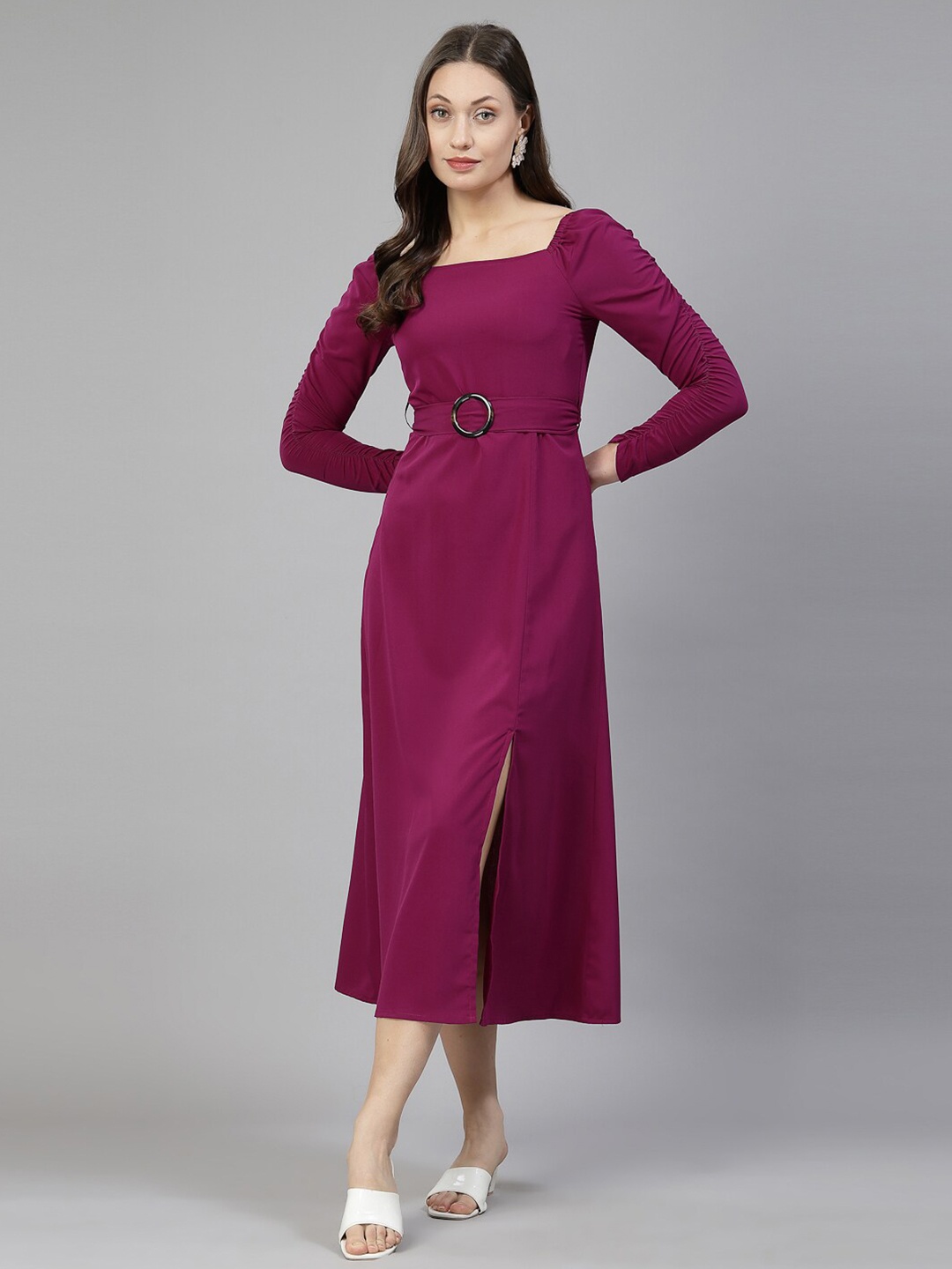 

aayu Square Neck Long Sleeves Smocked A-Line Midi Dress, Purple