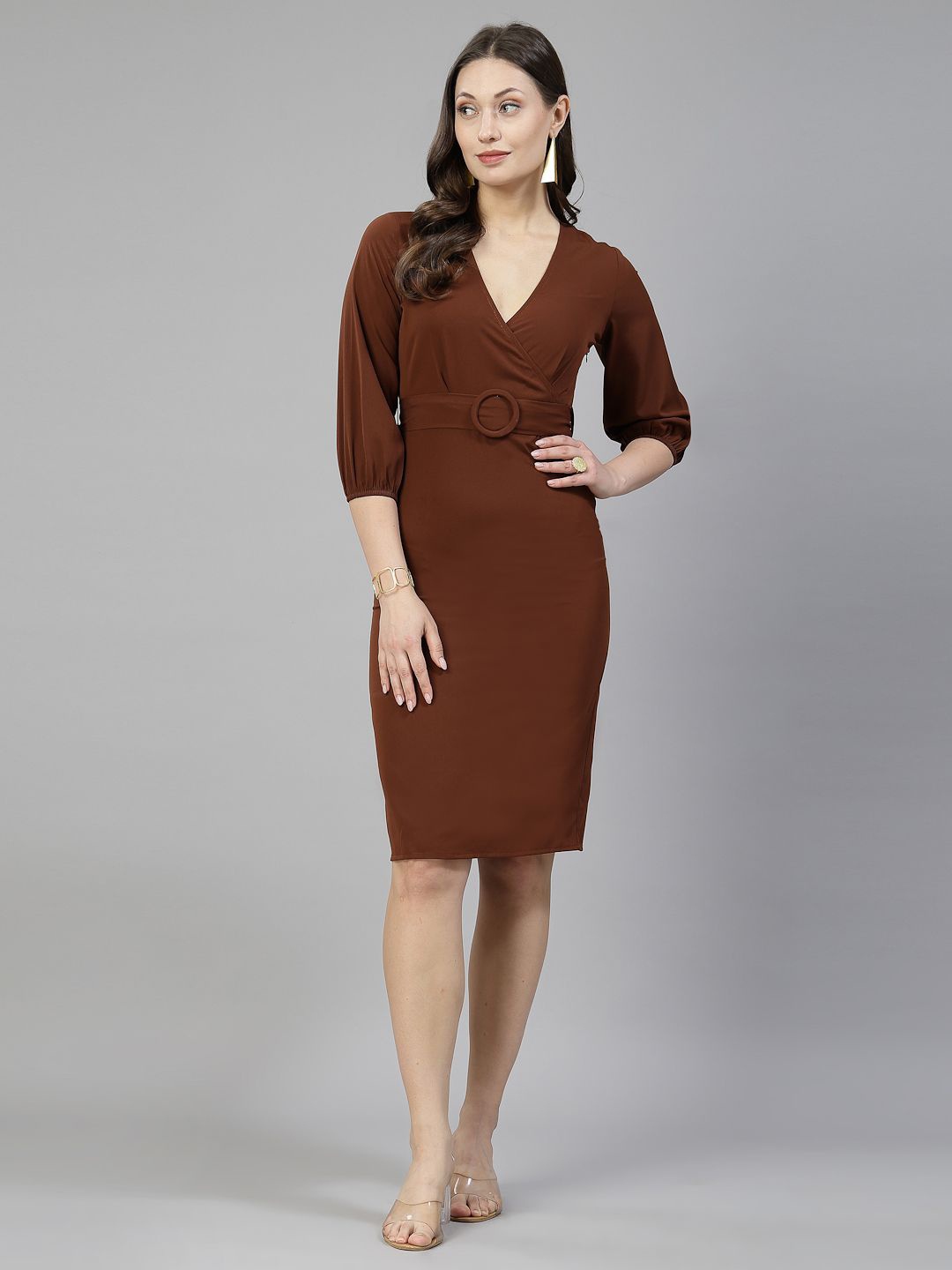 

aayu V-Neck Cuffed Sleeves Crepe Sheath Dress, Brown