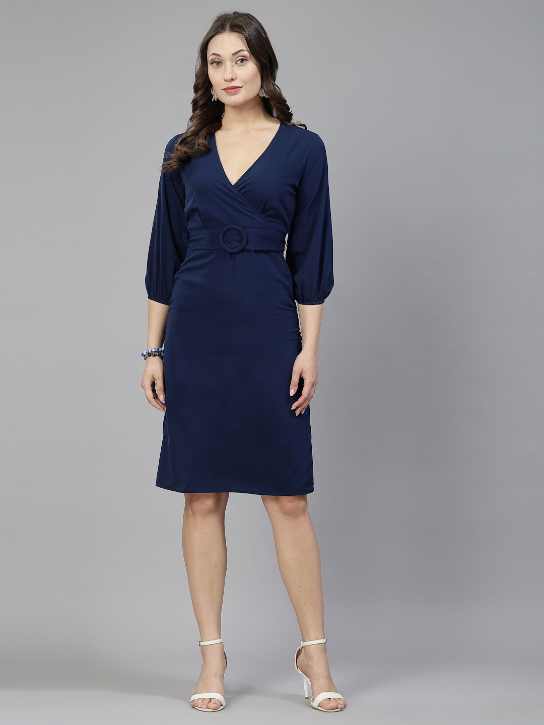 

aayu V-Neck Puff Sleeve Crepe Dress Comes With A Belt, Blue
