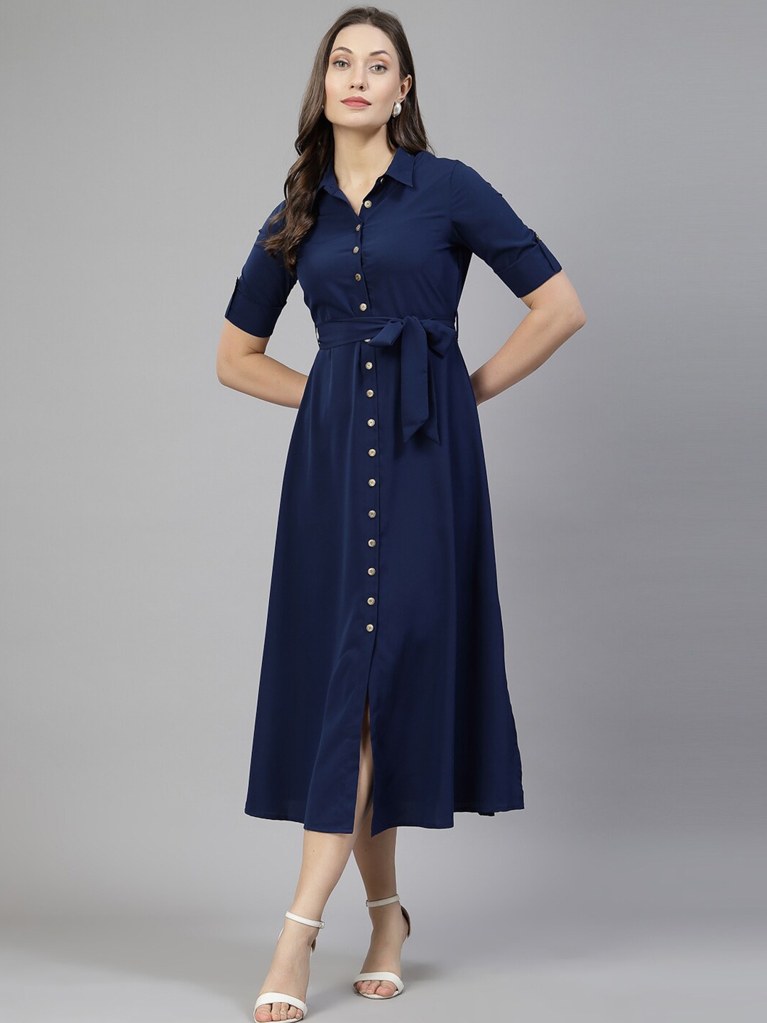 

aayu Roll-Up Sleeves Crepe Shirt Midi Dress, Blue