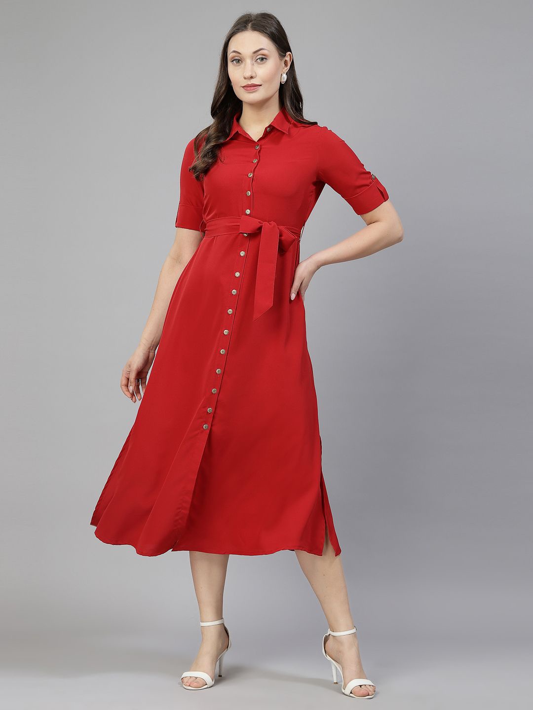 

aayu Crepe Roll-Up Sleeves Shirt Midi Dress Comes With A Belt, Red