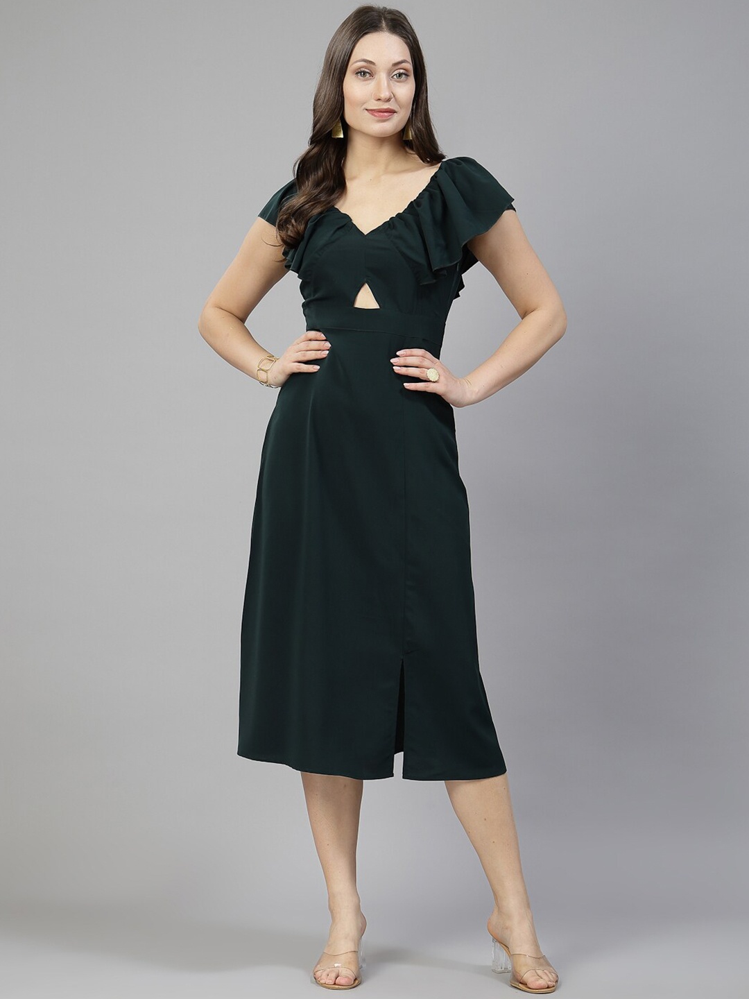 

aayu Cut-Outs Ruffles V-Neck Crepe A-Line Midi Dress, Green