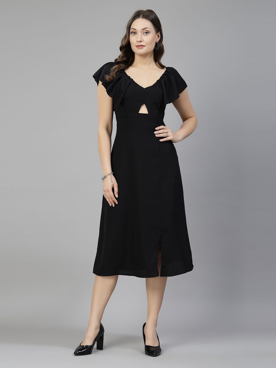 

aayu V-Neck Flutter Sleeve Cut-Outs Crepe Fit & Flare Midi Dress, Black