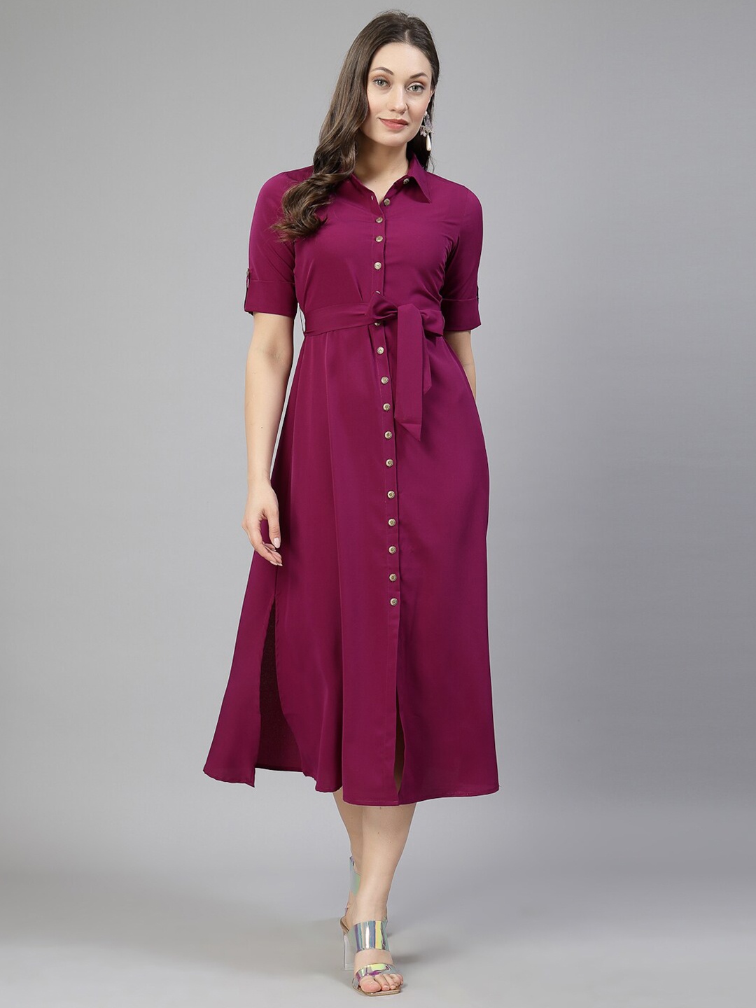 

aayu Roll-Up Sleeves Tie-Up Shirt Midi Dress, Purple