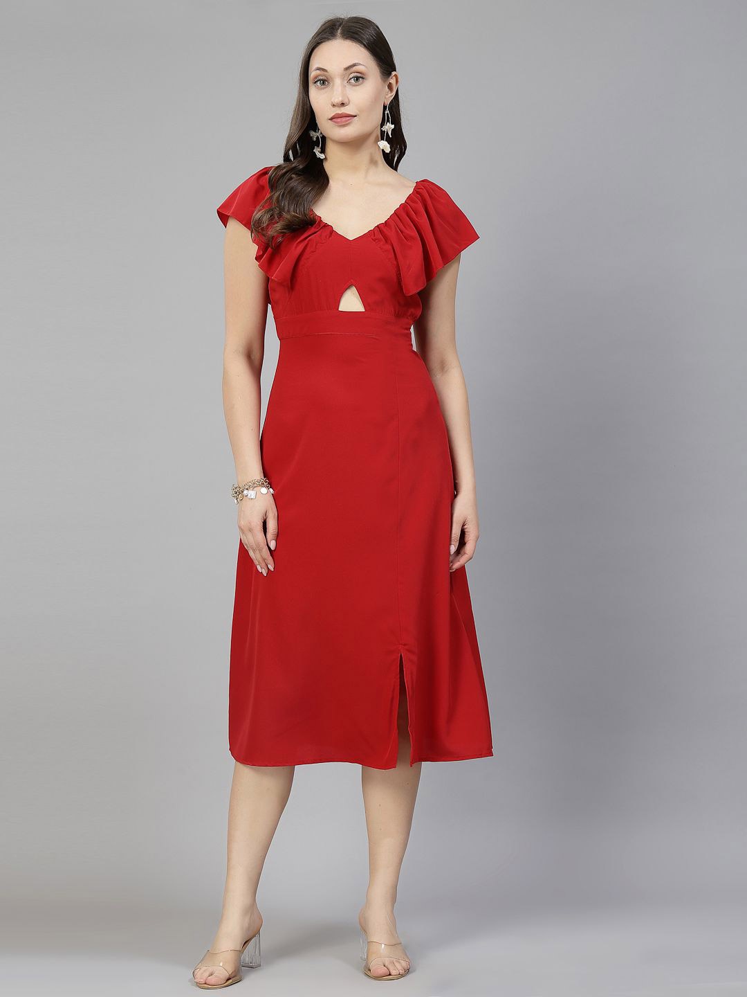 

aayu Cut-Outs Ruffles V-Neck Crepe A-Line Midi Dress, Red