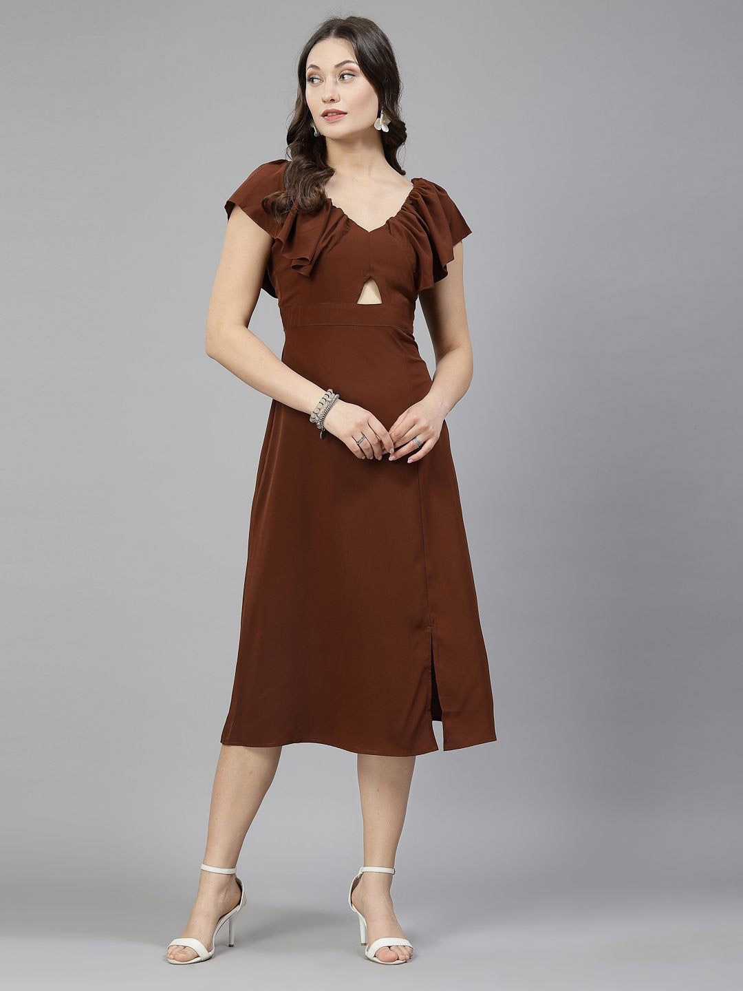 

aayu Cut-Outs Ruffles V-Neck Crepe A-Line Midi Dress, Brown