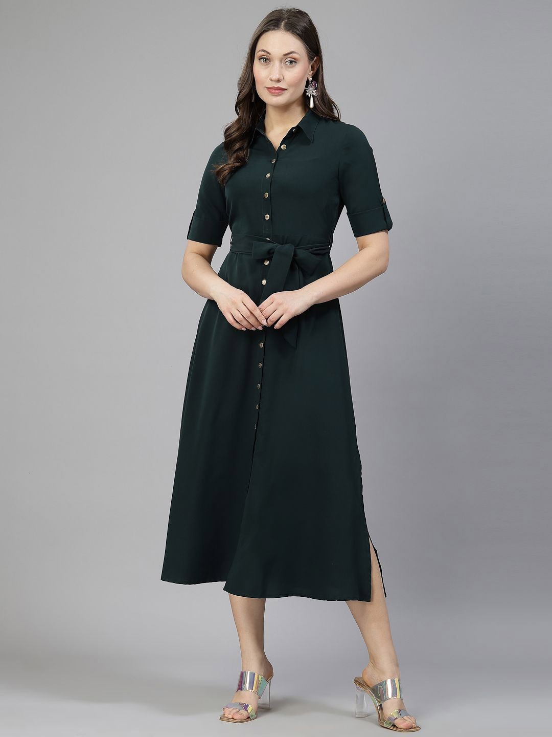 

aayu Roll-Up Sleeves Crepe Shirt Midi Dress, Green