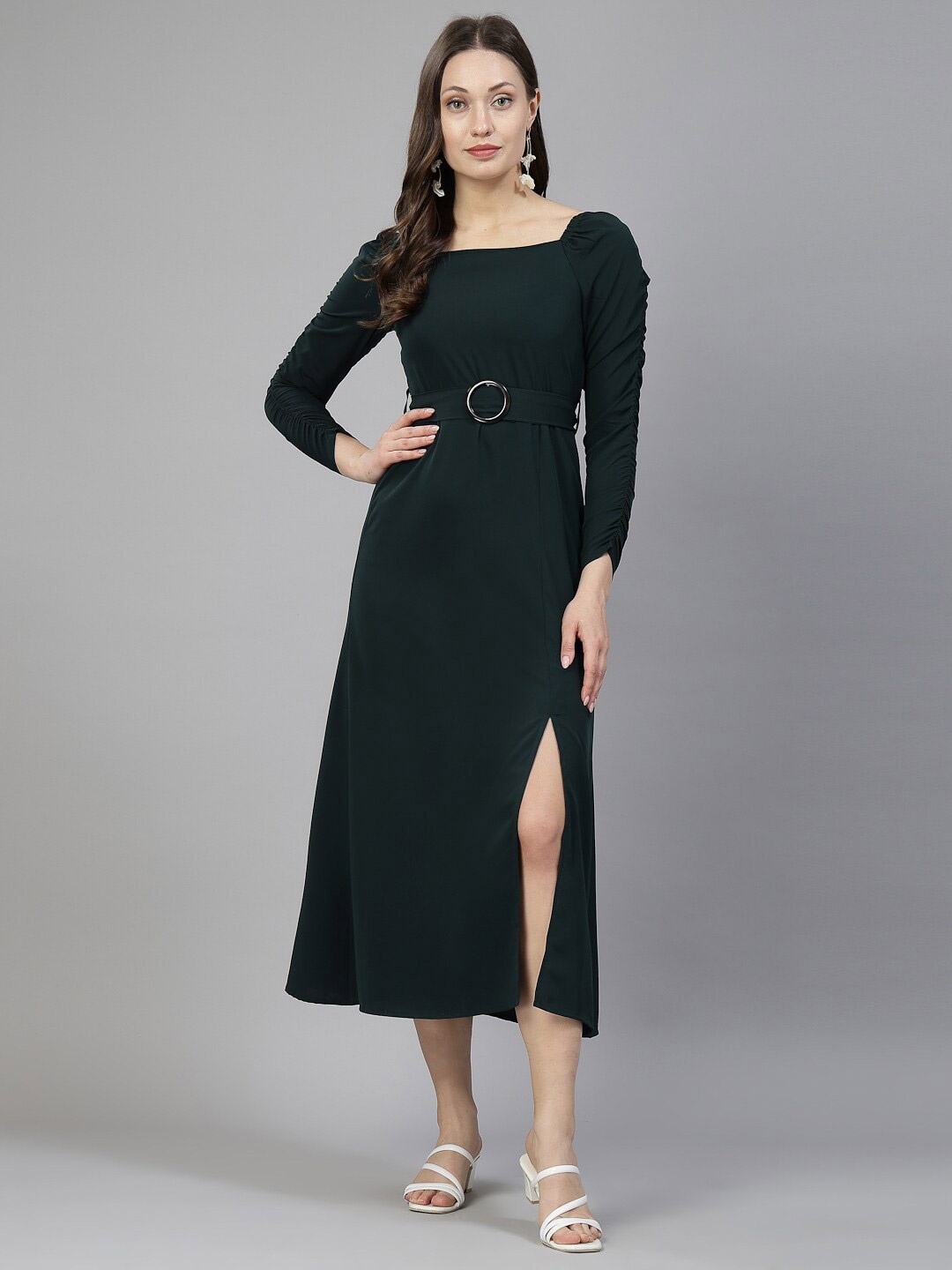 

aayu Square Neck Puff Sleeves Crepe A-Line Midi Dress, Green