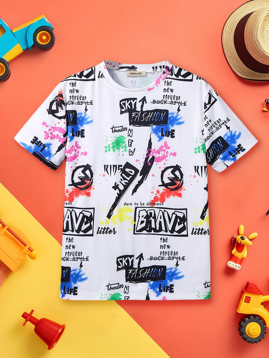 INCLUD Boys Typography Printed Round Neck T-shirt, White