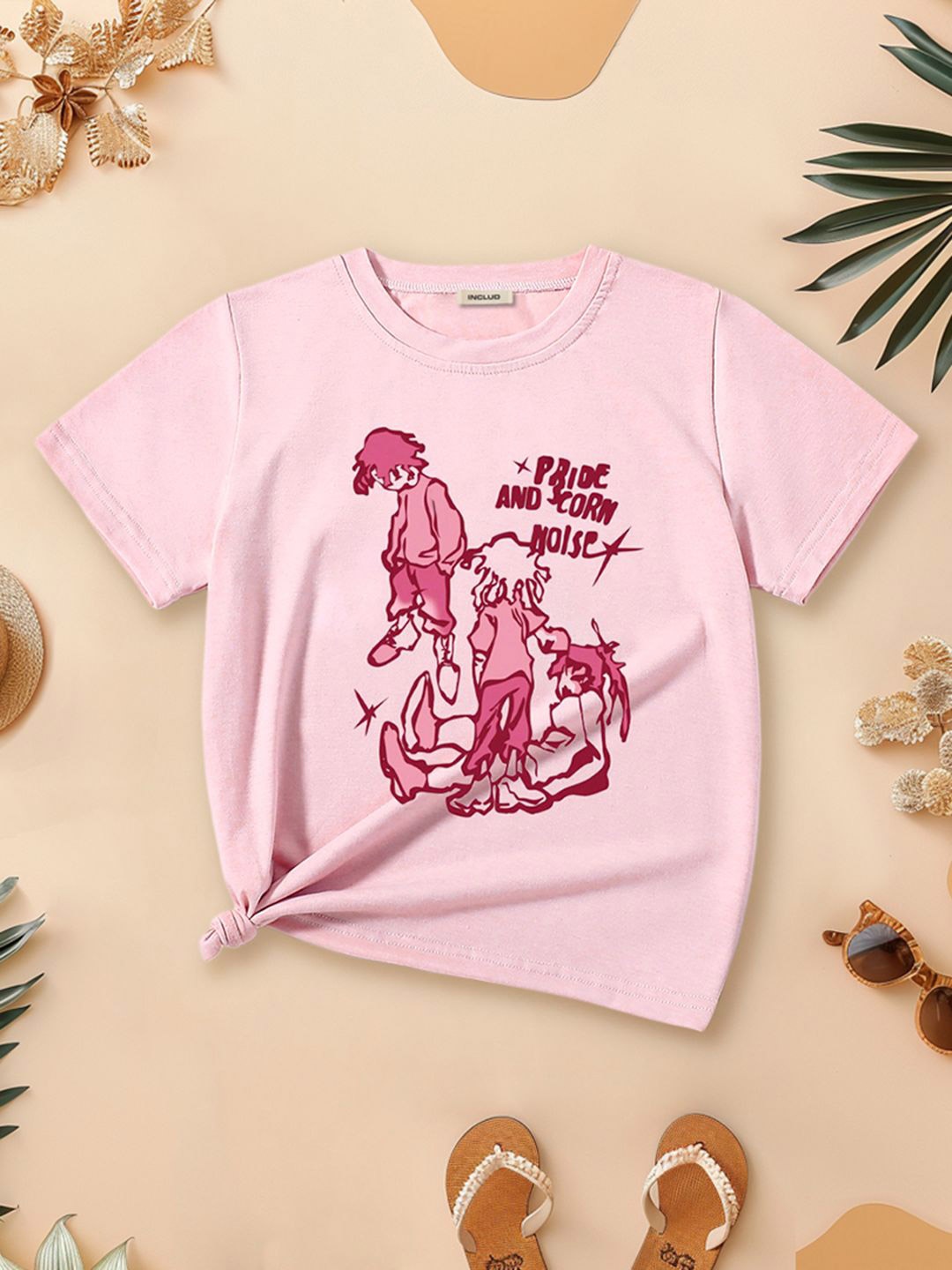 

INCLUD Girls Graphic Printed Round Neck T-shirt, Pink