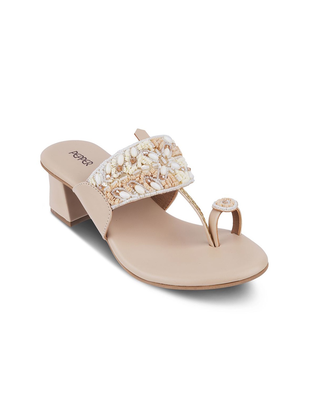 

PEPPER Embellished Open Toe Block Heels, Beige