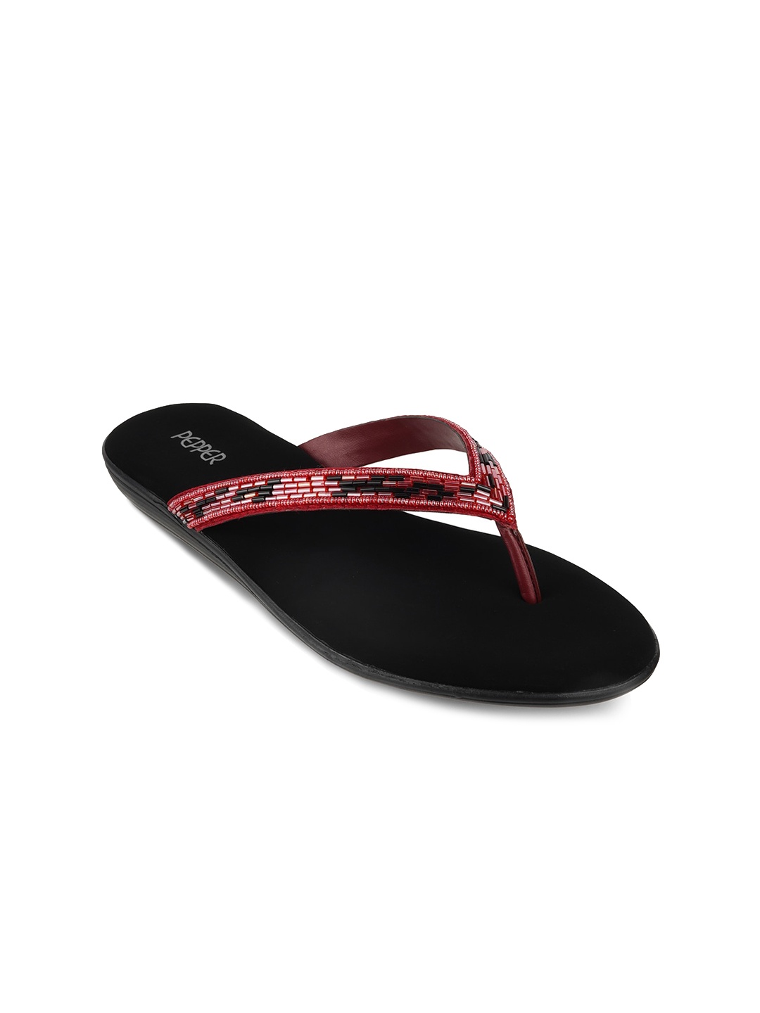 

PEPPER Embellished Open Toe T-straps Flats, Maroon