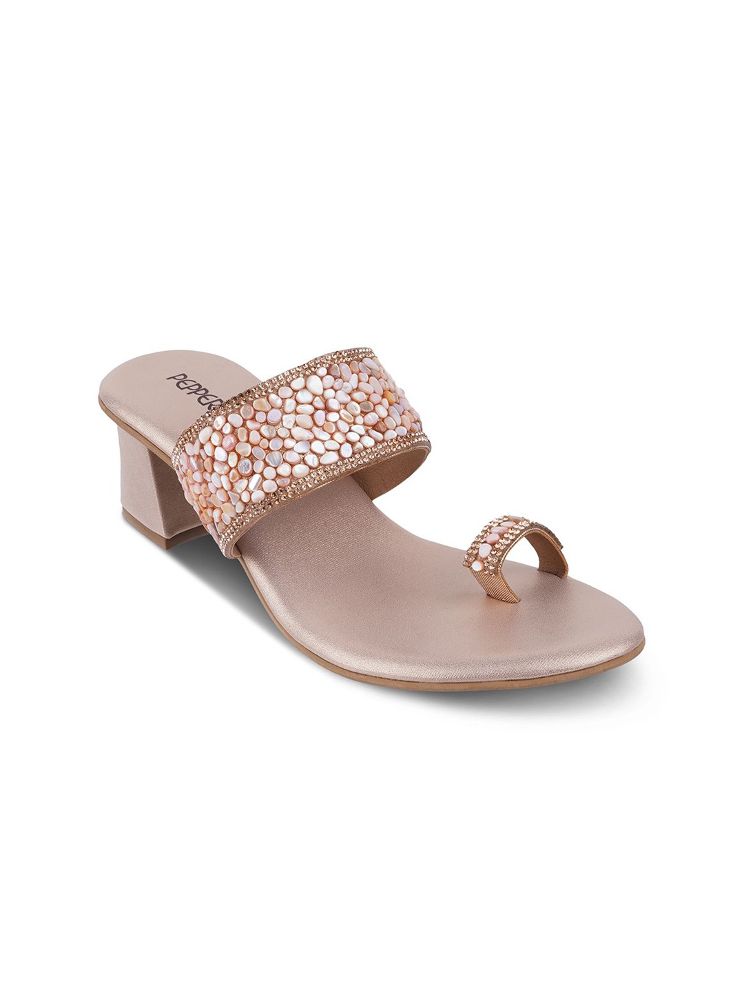 

PEPPER Embellished Open Toe Block Heels, Rose gold