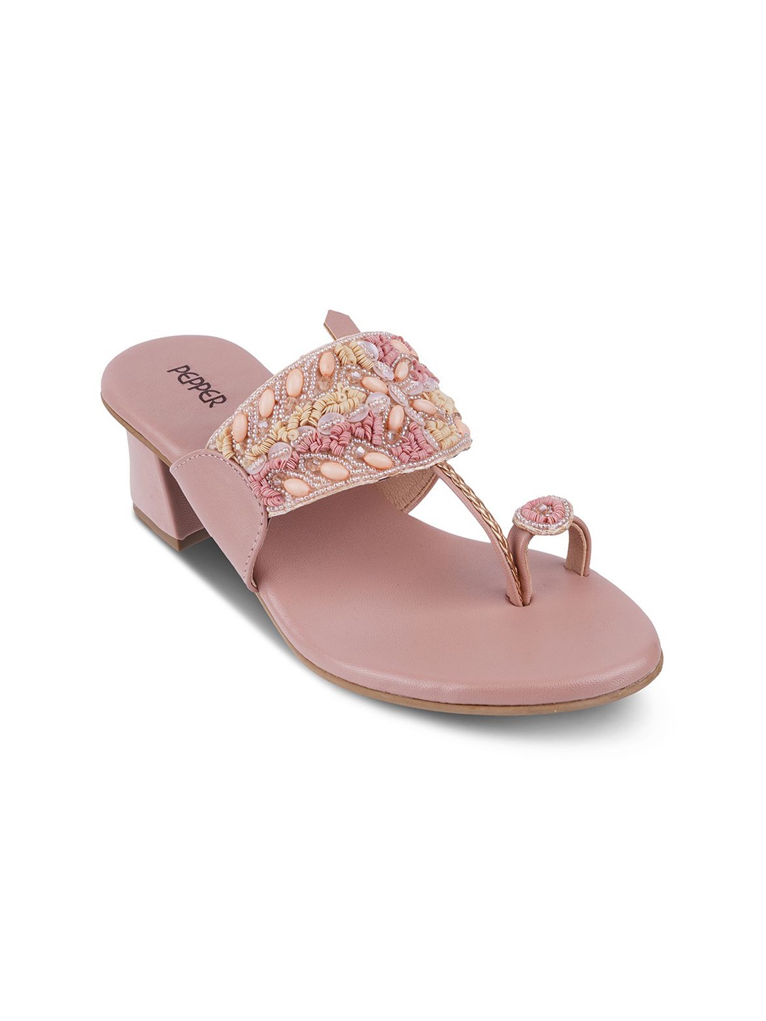 

PEPPER Embellished Open Toe Block Heels, Peach