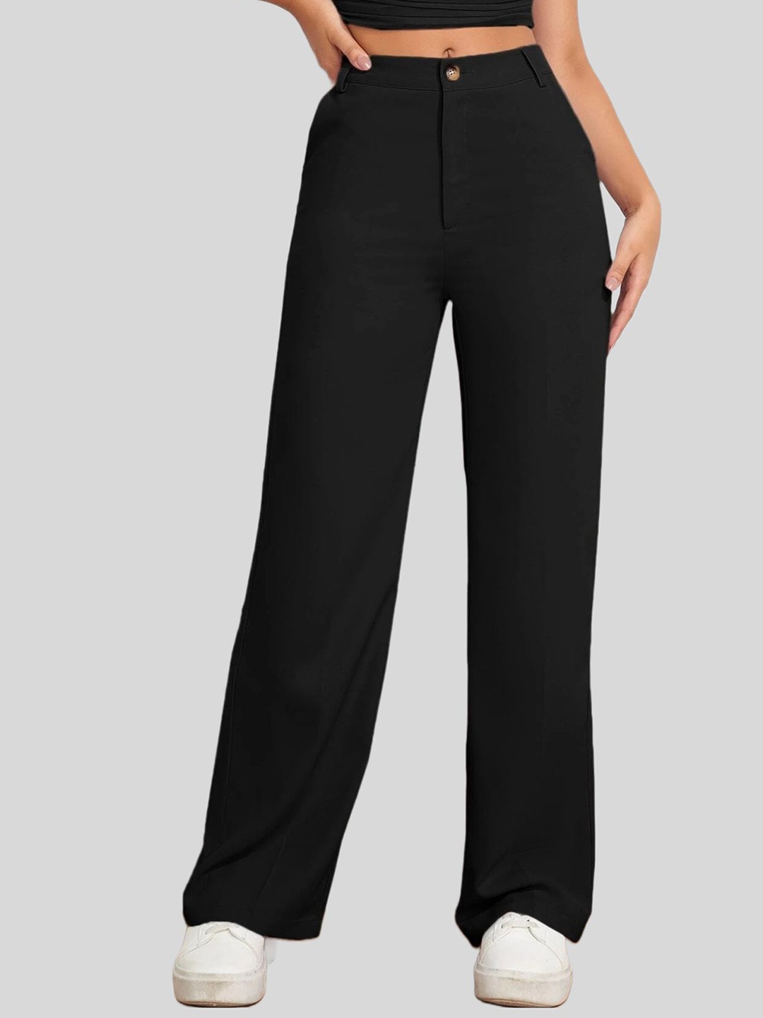 

FNOCKS Women Low-Rise Relaxed Cotton Regular Trousers, Black