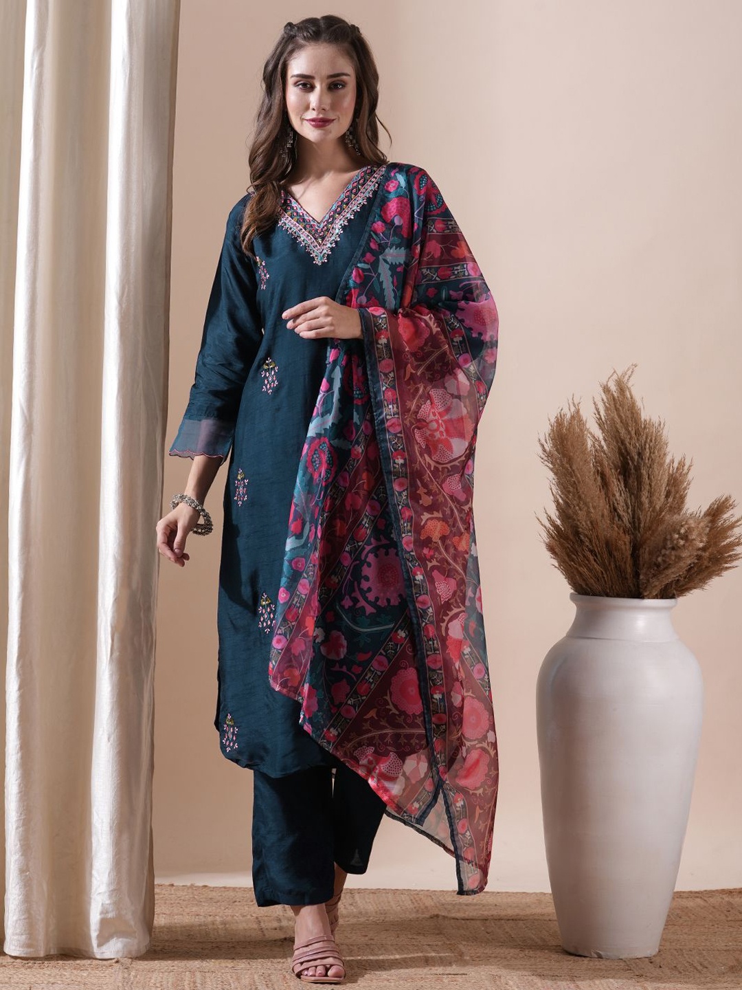 

FASHOR Ethnic Motifs Embroidered V-Neck Mirror Work Straight Kurta With Trousers & Dupatta, Blue