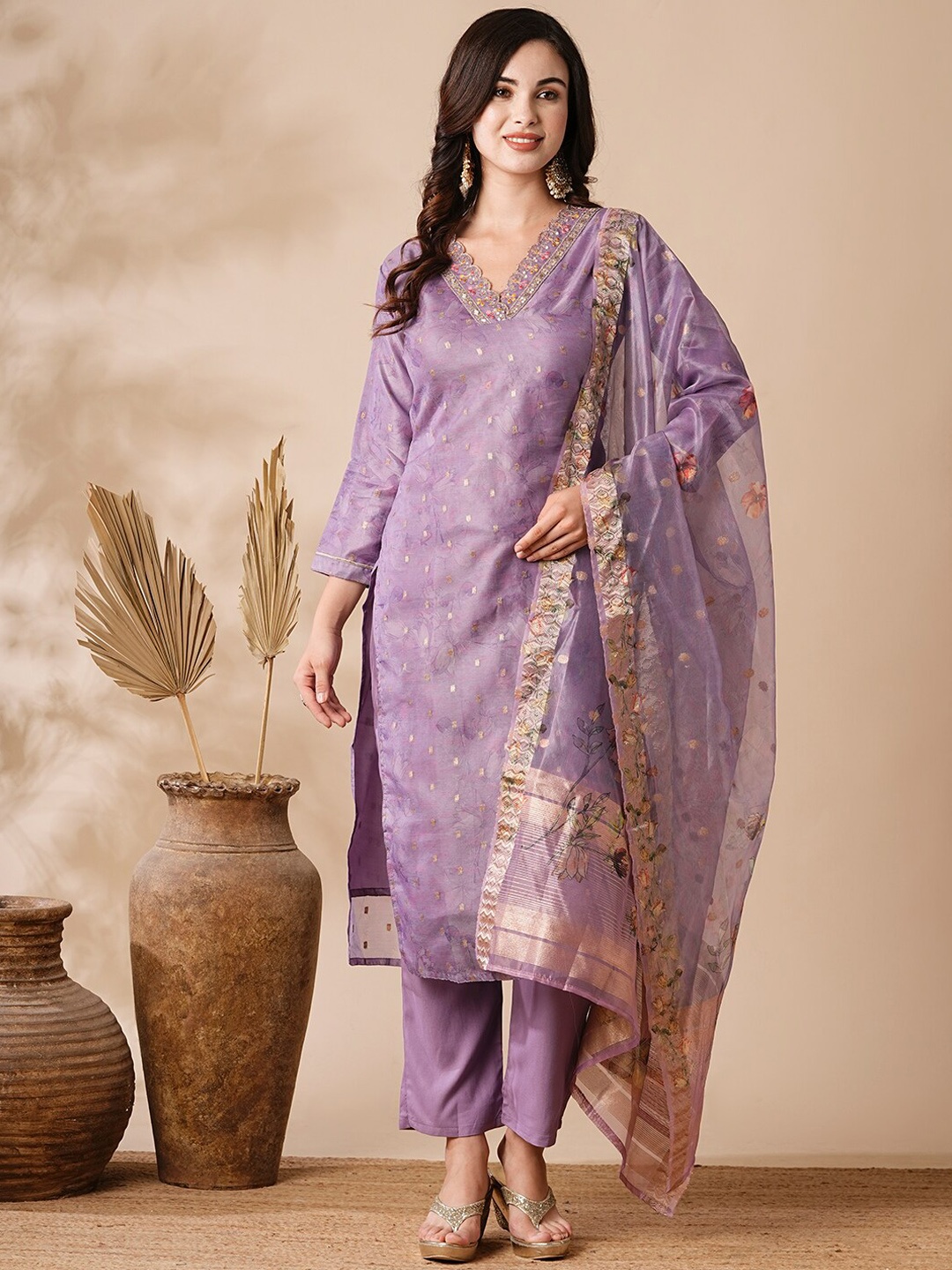 

FASHOR Floral Embroidered Regular Kurta with Trousers & With Dupatta, Purple