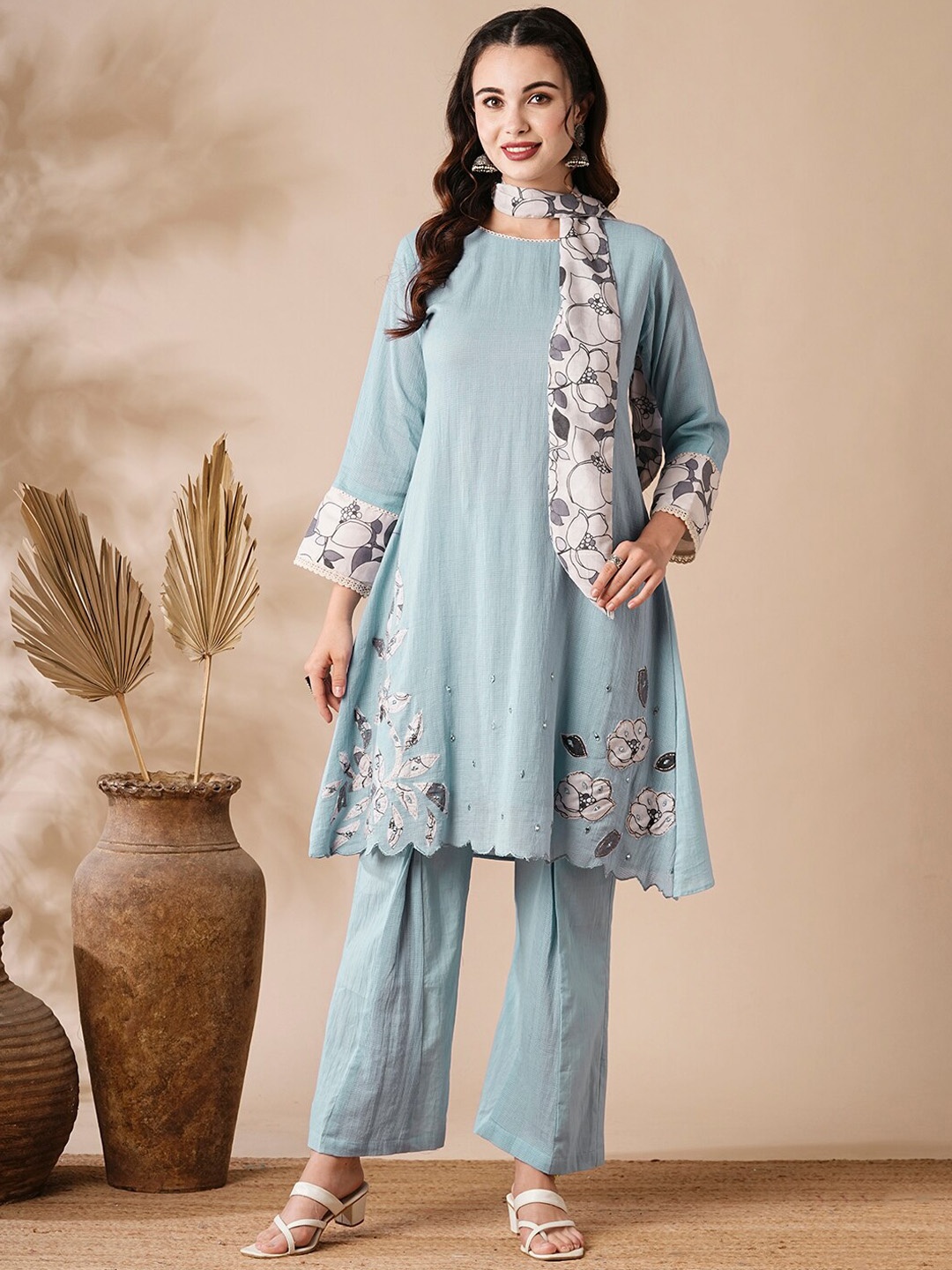

FASHOR Ethnic Motifs Embroidered Beads Pure Cotton A-Line Kurta With Trousers, Blue