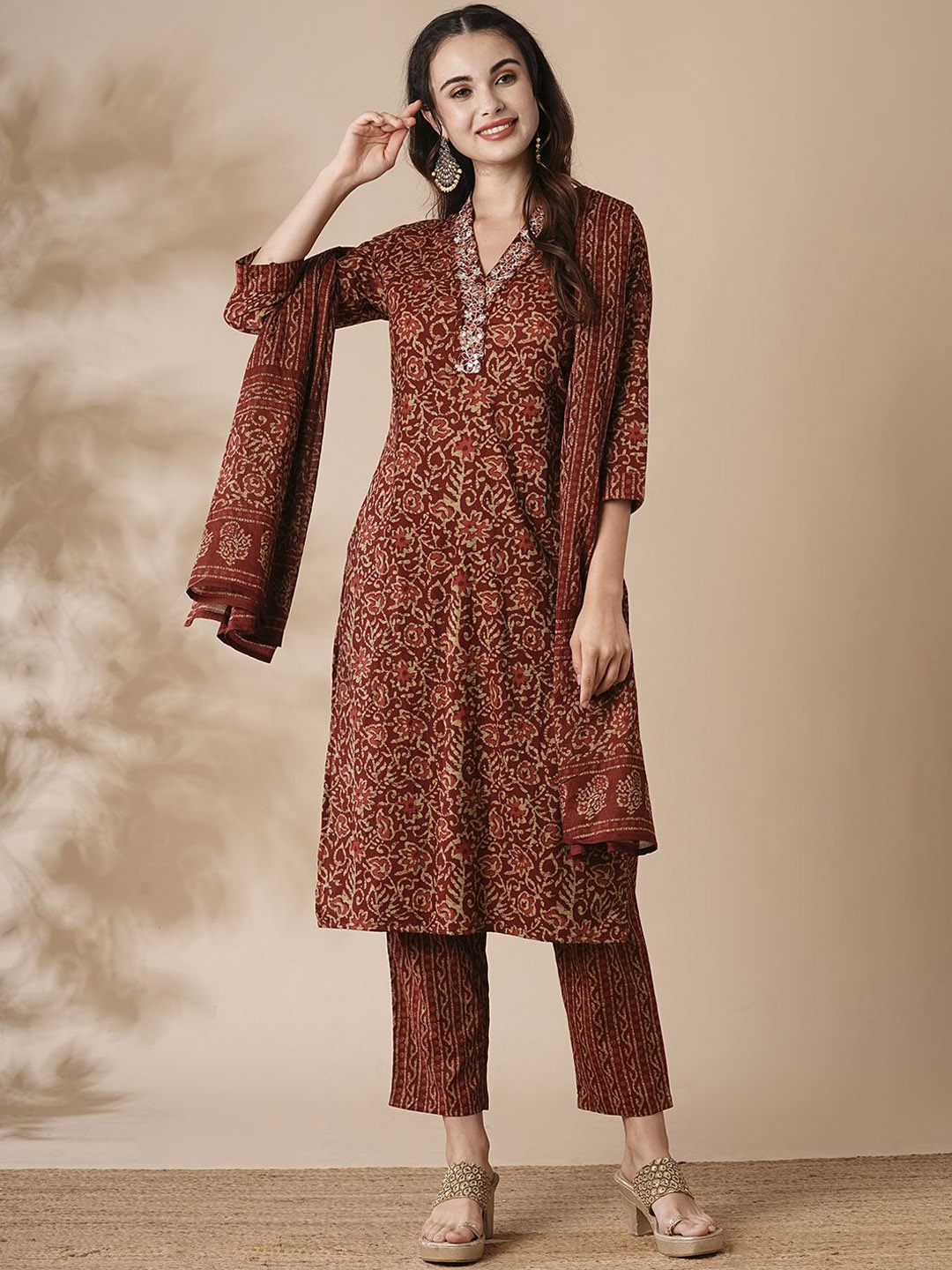 

FASHOR Printed V-Neck Mirror Work Pure Cotton Straight Kurta With Trousers & Dupatta, Maroon