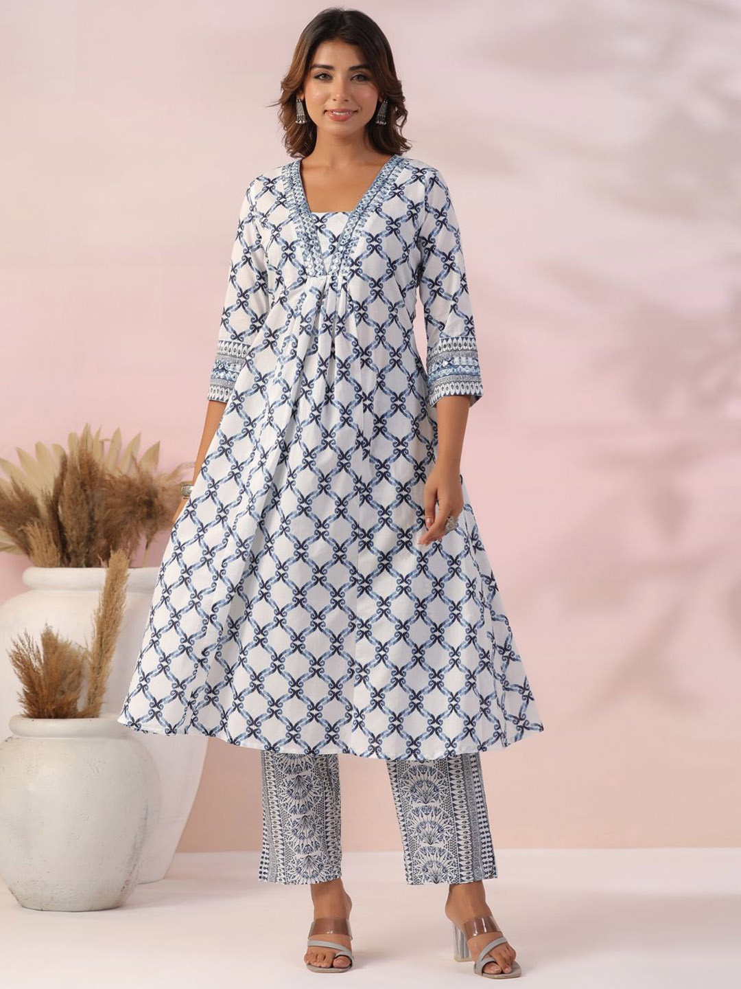 

FASHOR Ethnic Motifs Printed Pleated Mirror Work Pure Cotton A-Line Kurta with Trousers, White
