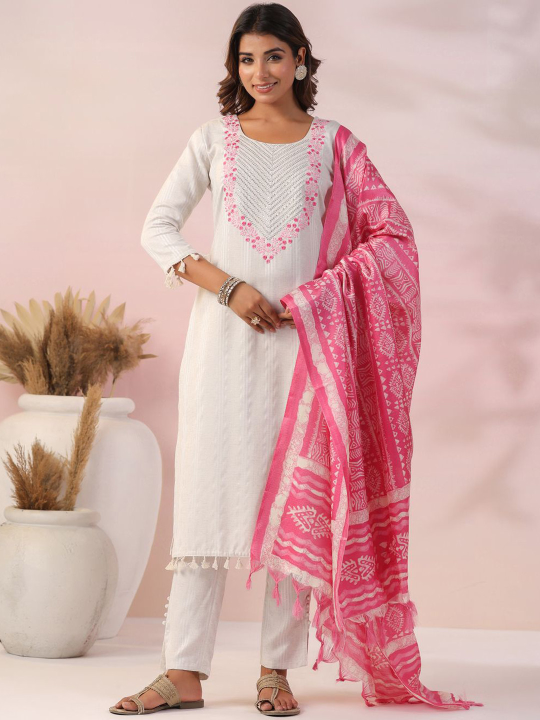 

FASHOR Striped Yoke Design U-Neck Sequinned Straight Kurta With Trousers & Dupatta, Off white