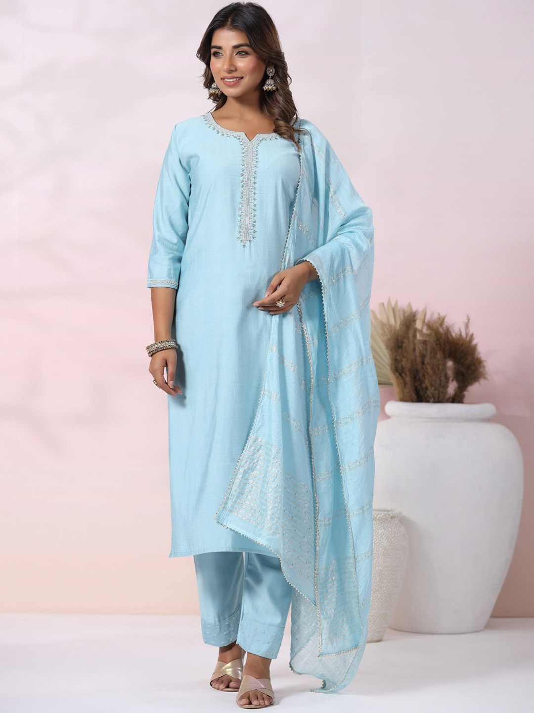 

FASHOR Ethnic Motifs Yoke Design Regular Thread Work Kurta with Trousers & With Dupatta, Blue