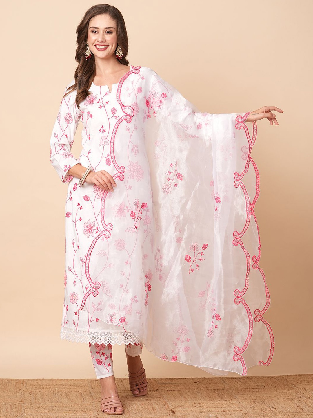 

FASHOR Floral Printed Regular Thread Work Pure Cotton Kurta with Trousers & Dupatta, White