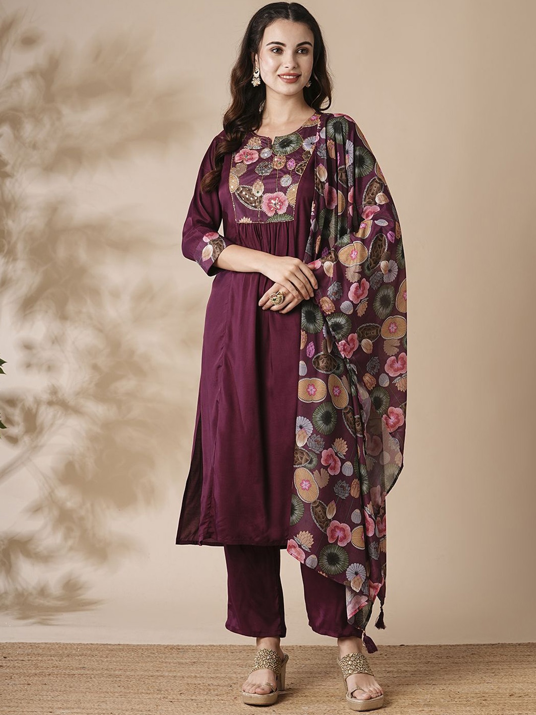 

FASHOR Floral Yoke Design Pleated Sequinned Straight Kurta With Trousers & Dupatta, Mauve