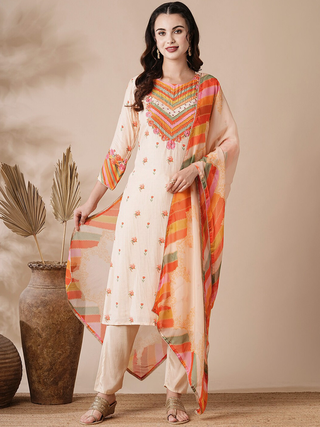 

FASHOR Floral Printed Mirror Work Straight Kurta With Trousers & Dupatta, Cream