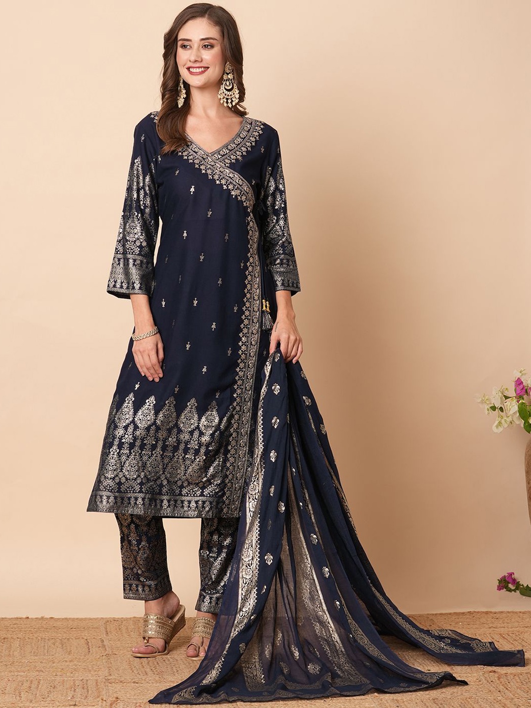 

FASHOR Ethnic Motifs Woven Design V-Neck Angrakha A-Line Kurta With Trousers & Dupatta, Navy blue