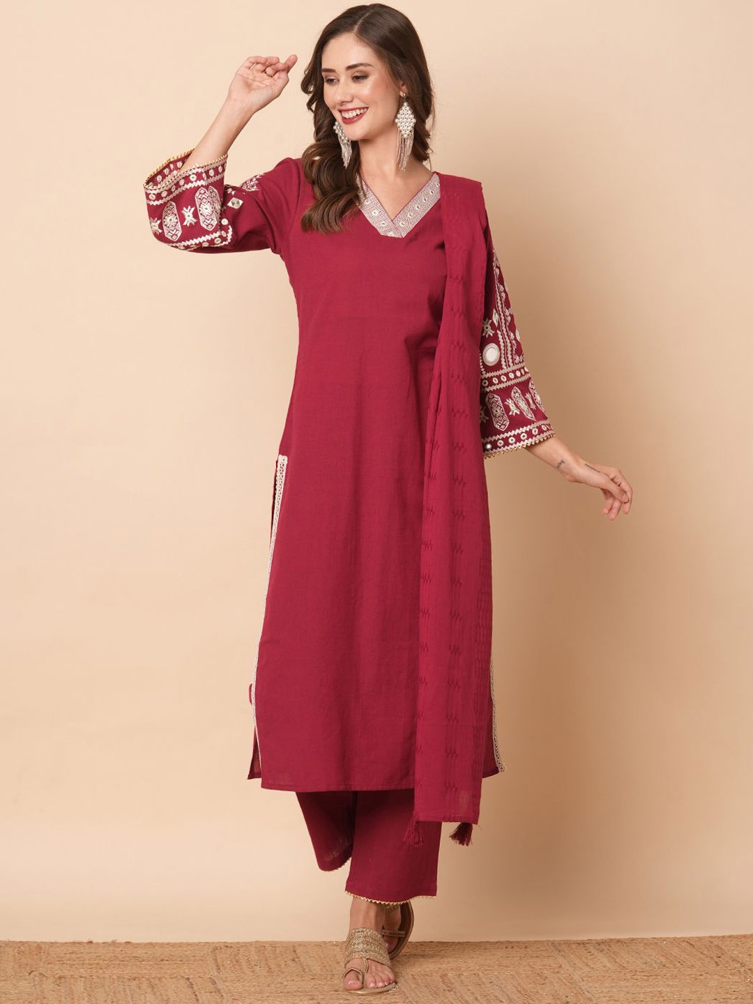 

FASHOR V-Neck Regular Thread Work Pure Cotton Straight Kurta With Trousers & Dupatta, Maroon