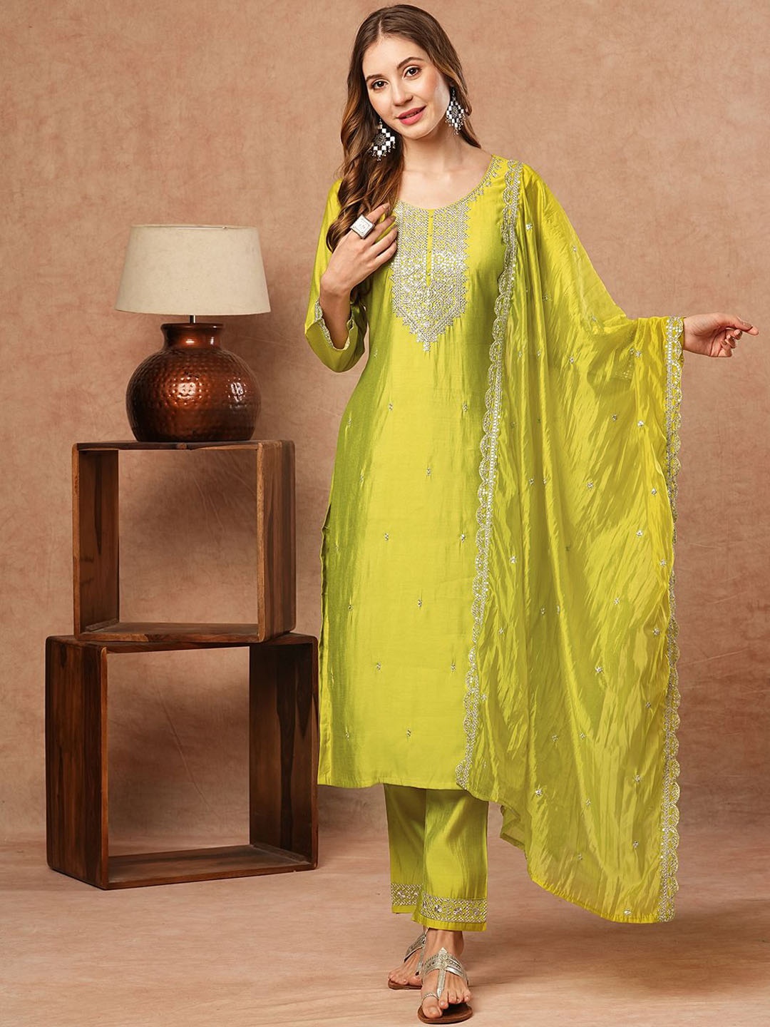 

FASHOR Ethnic Motifs Embroidered U-Neck Sequinned Straight Kurta With Trousers & Dupatta, Yellow