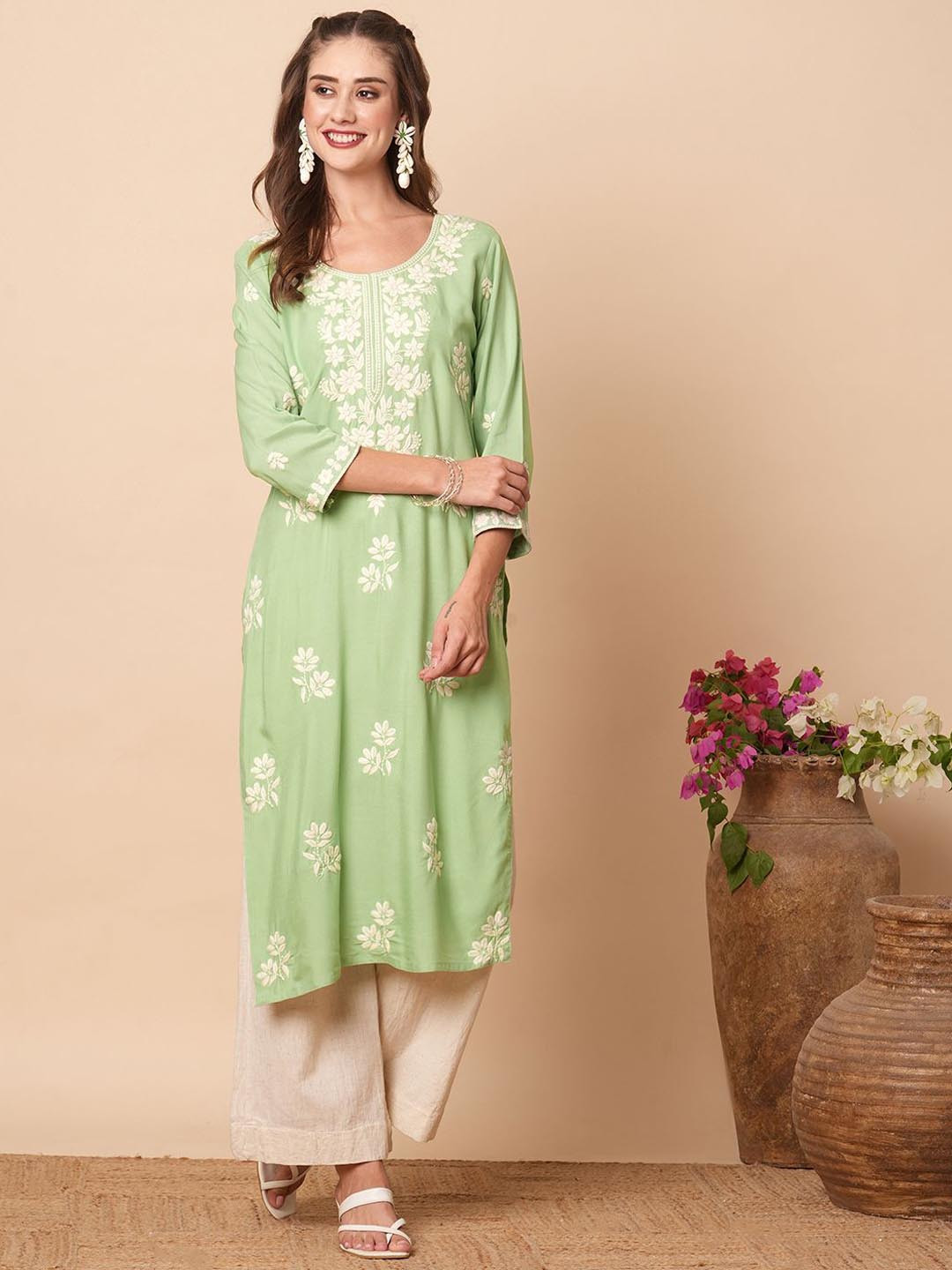 

FASHOR Round Neck Floral Thread Work Chikankari Kurta, Lime green
