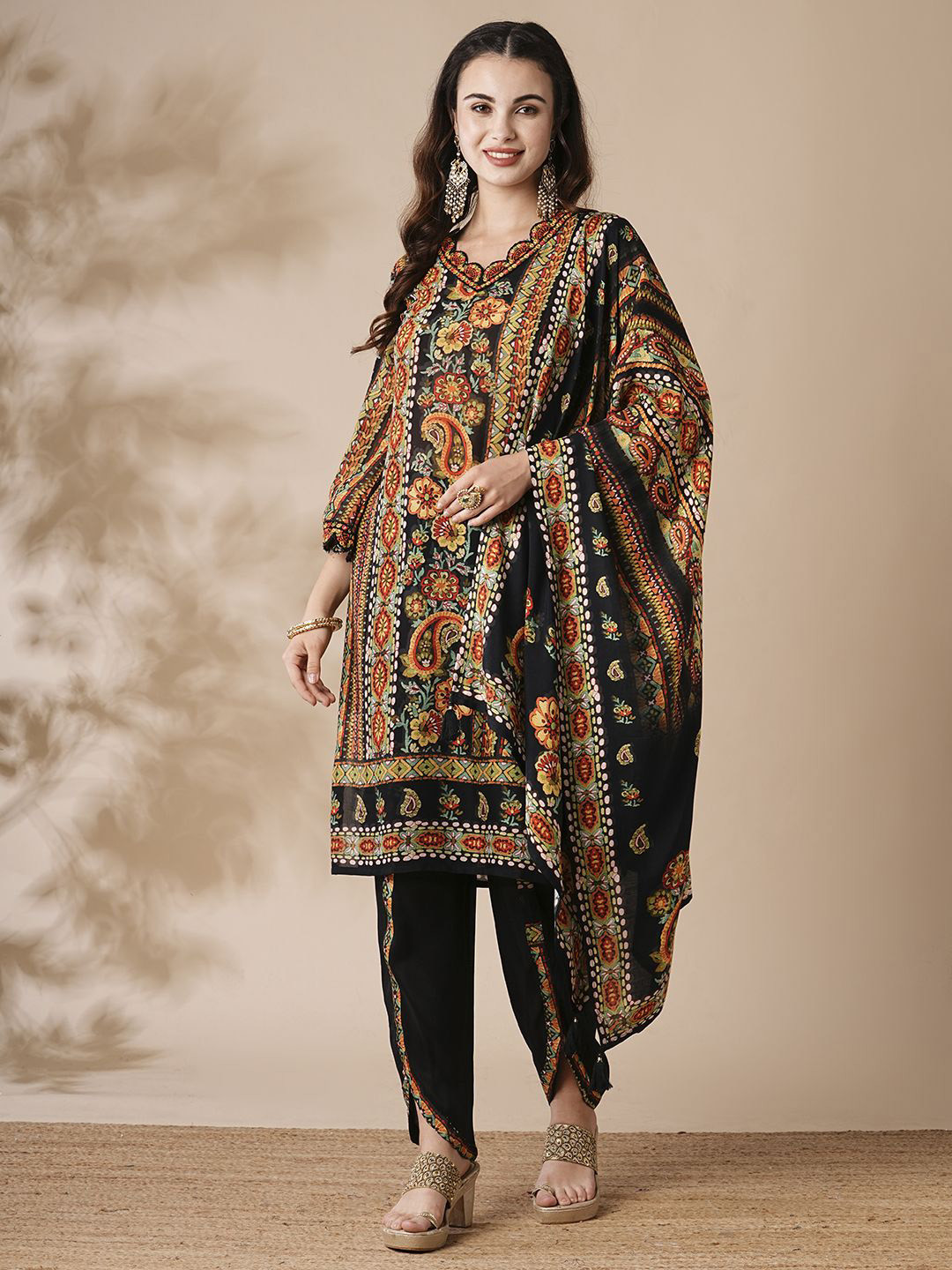 

FASHOR Ethnic Motifs Printed Mirror Work Straight Kurta With Dhoti Pants & Dupatta, Black