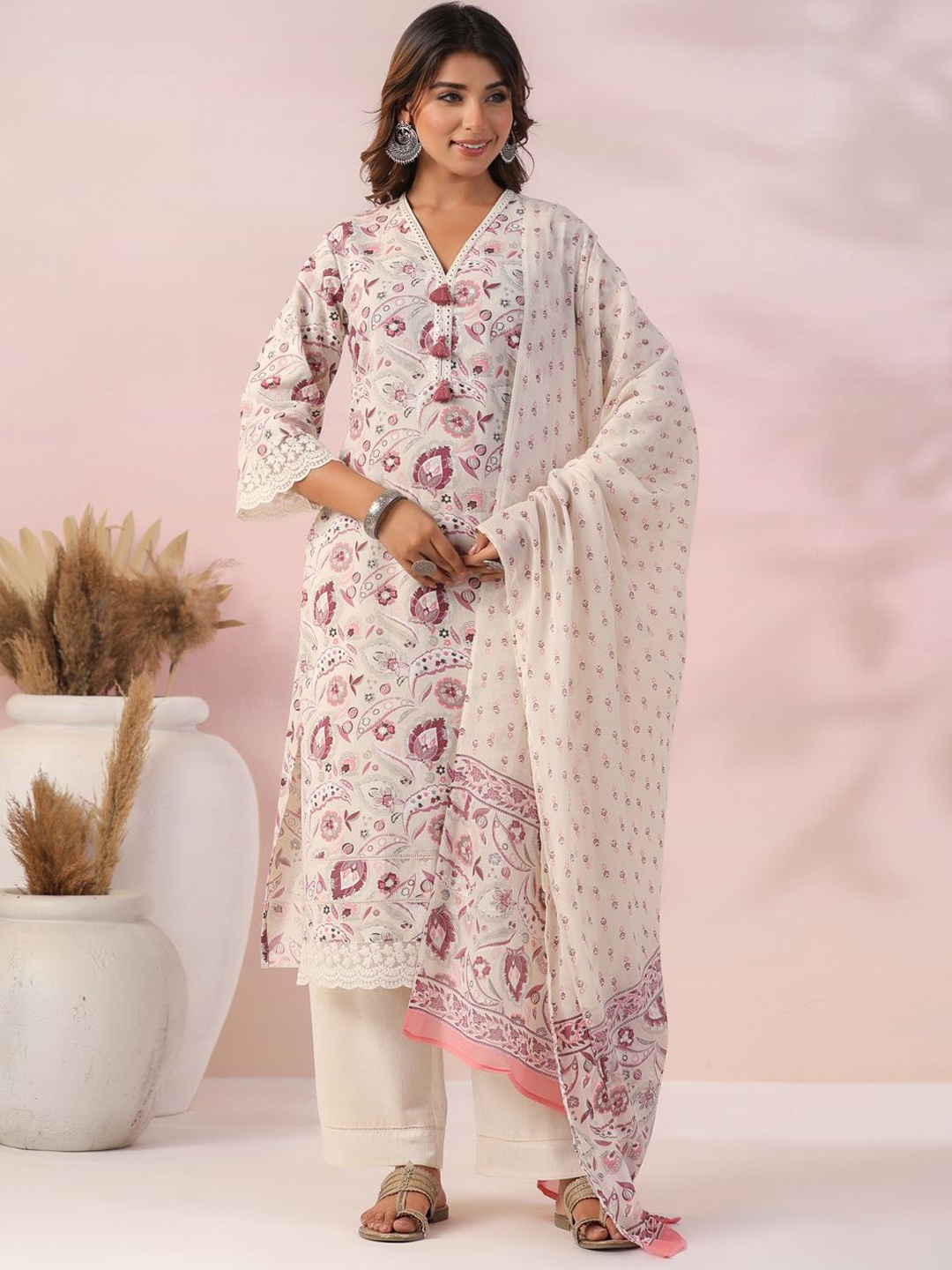 

FASHOR Floral Printed Mirror Work Pure Cotton Straight Kurta With Palazzos & Dupatta, Off white