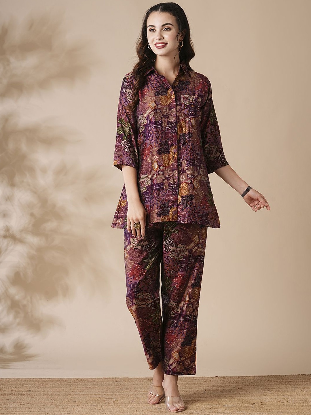 

FASHOR Purple Floral Printed Long sleeves Shirt With Flared Palazzos