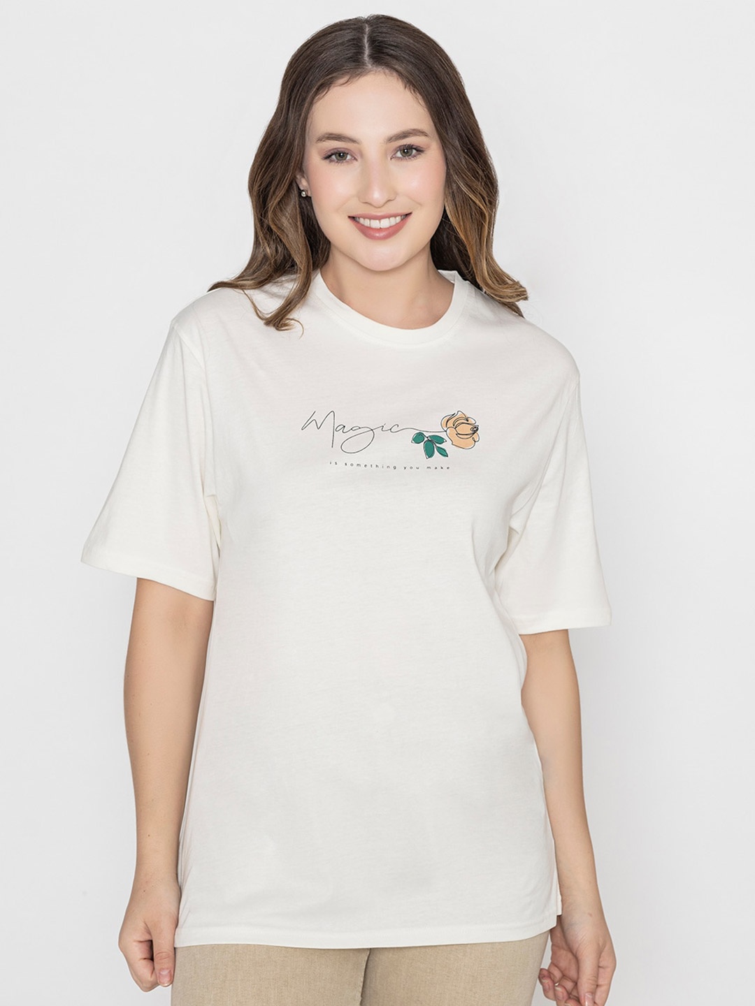 

Bonjour Women Typography Round Neck Cotton T-shirt, Off white