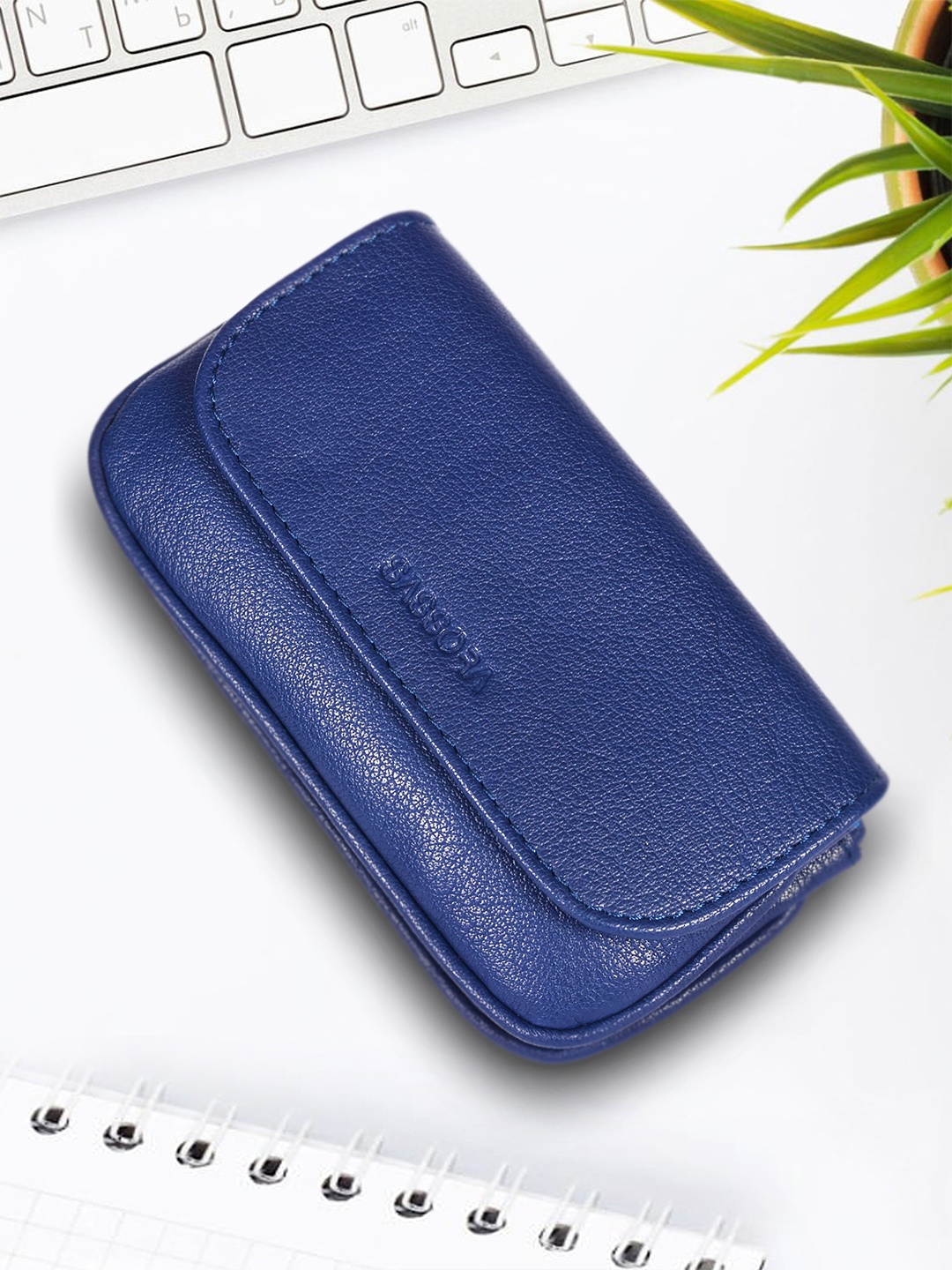 

Sassora Leather Textured Round Compact Keycase & Coin Pouch, Blue