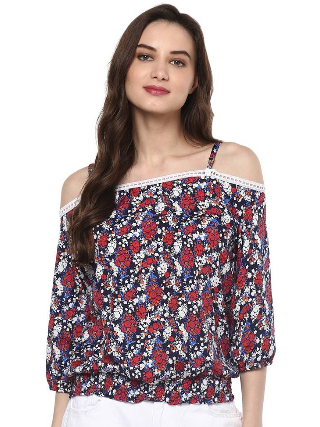 

Pannkh Floral Print Cold-Shoulder Crepe Blouson Top, Navy blue