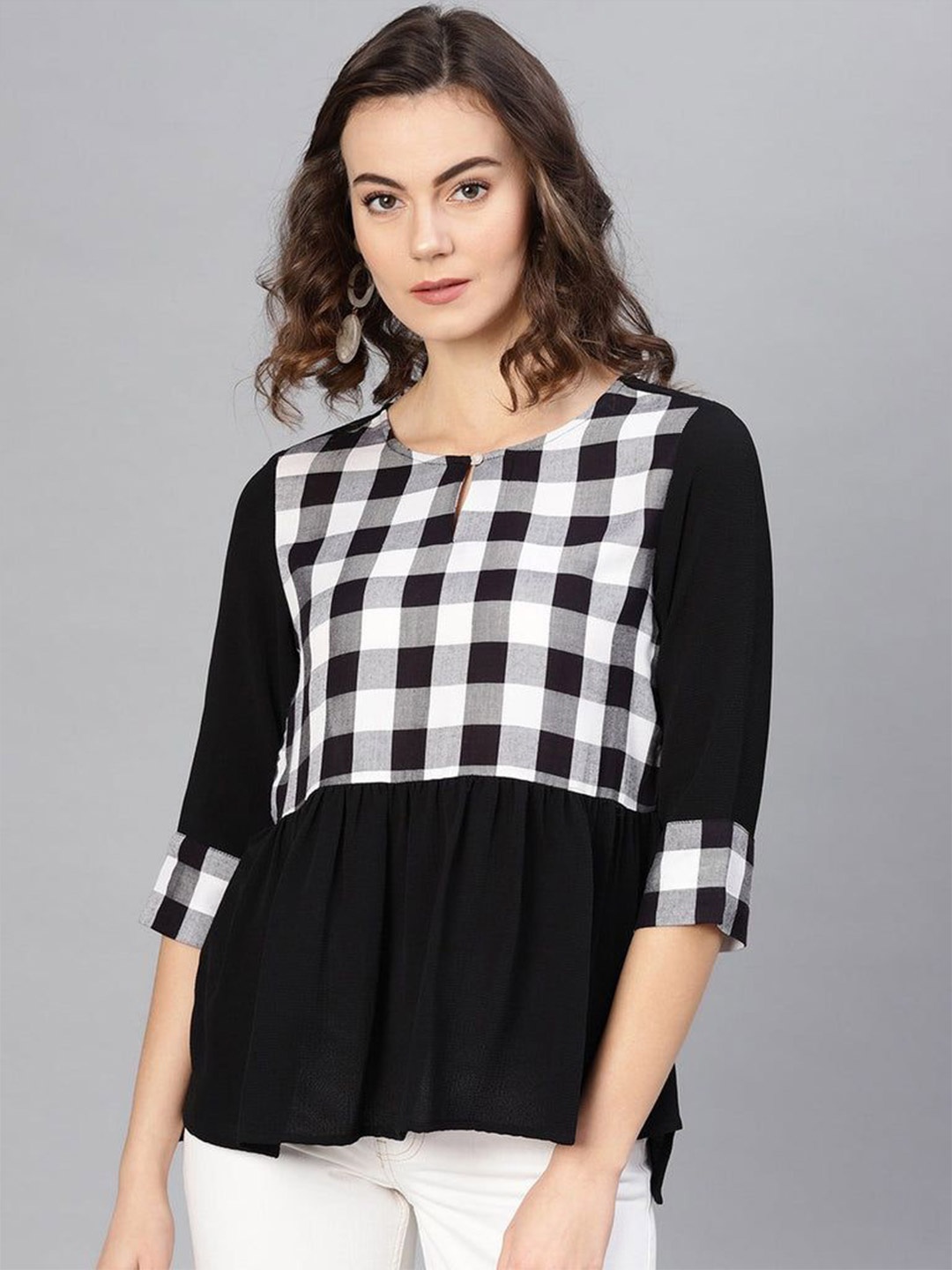 

Pannkh Checked Monochrome Peplum Top, Black