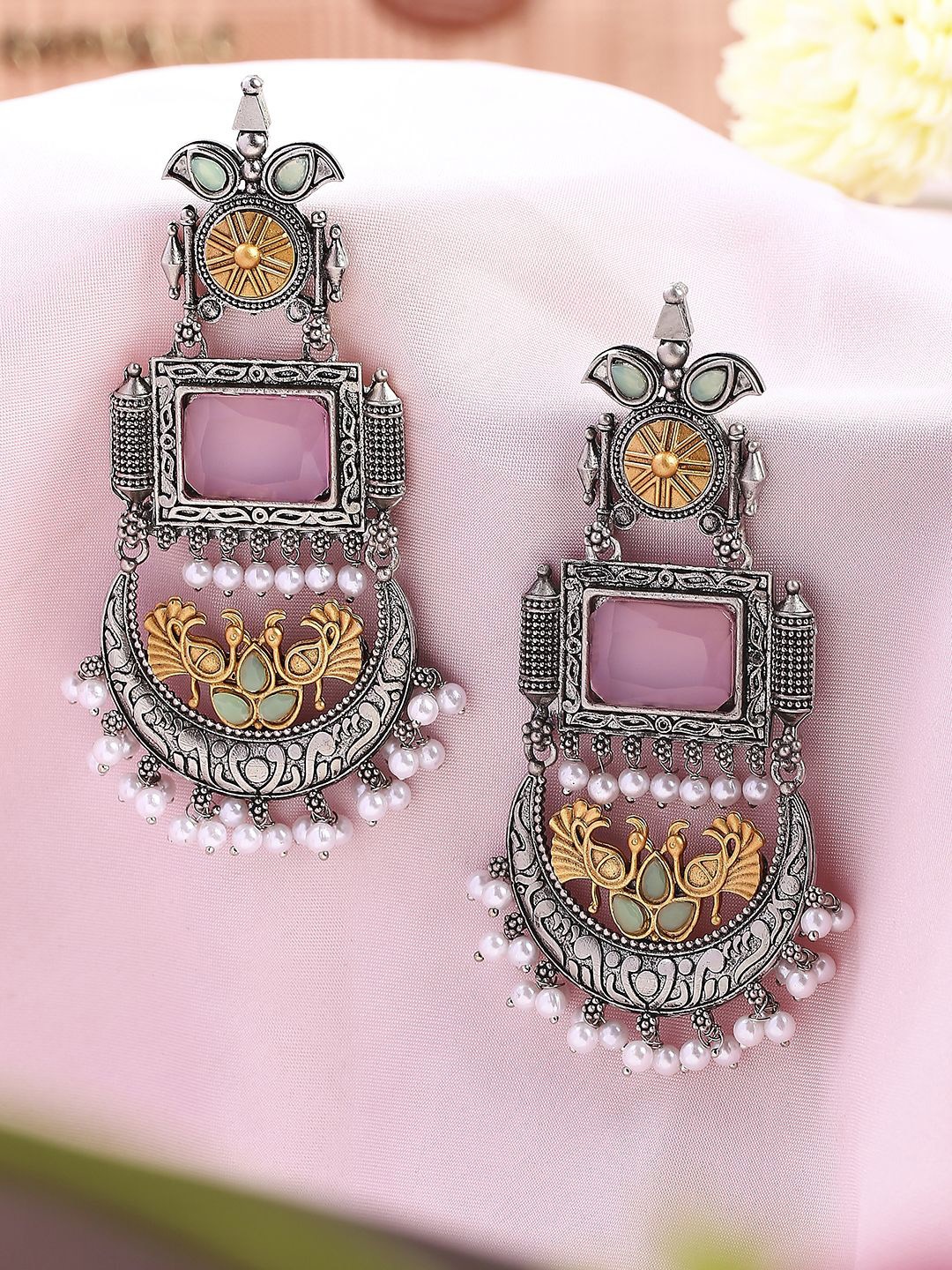 

OOMPH Stone Studded & Beaded Contemporary Oxidised Drop Earrings, Silver